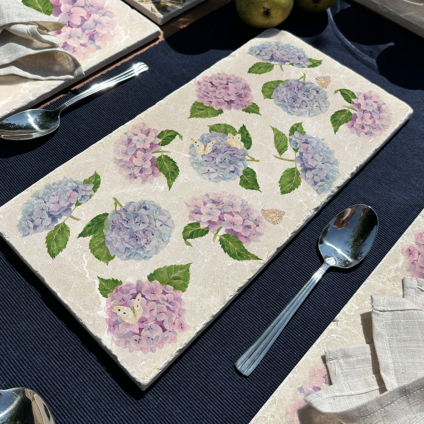 Stunning watercolour marble sharing platter featuring The Humble Hares classic style Pinks, blue and purples with some beautiful Butterflies landing on the stunning flowers. 
