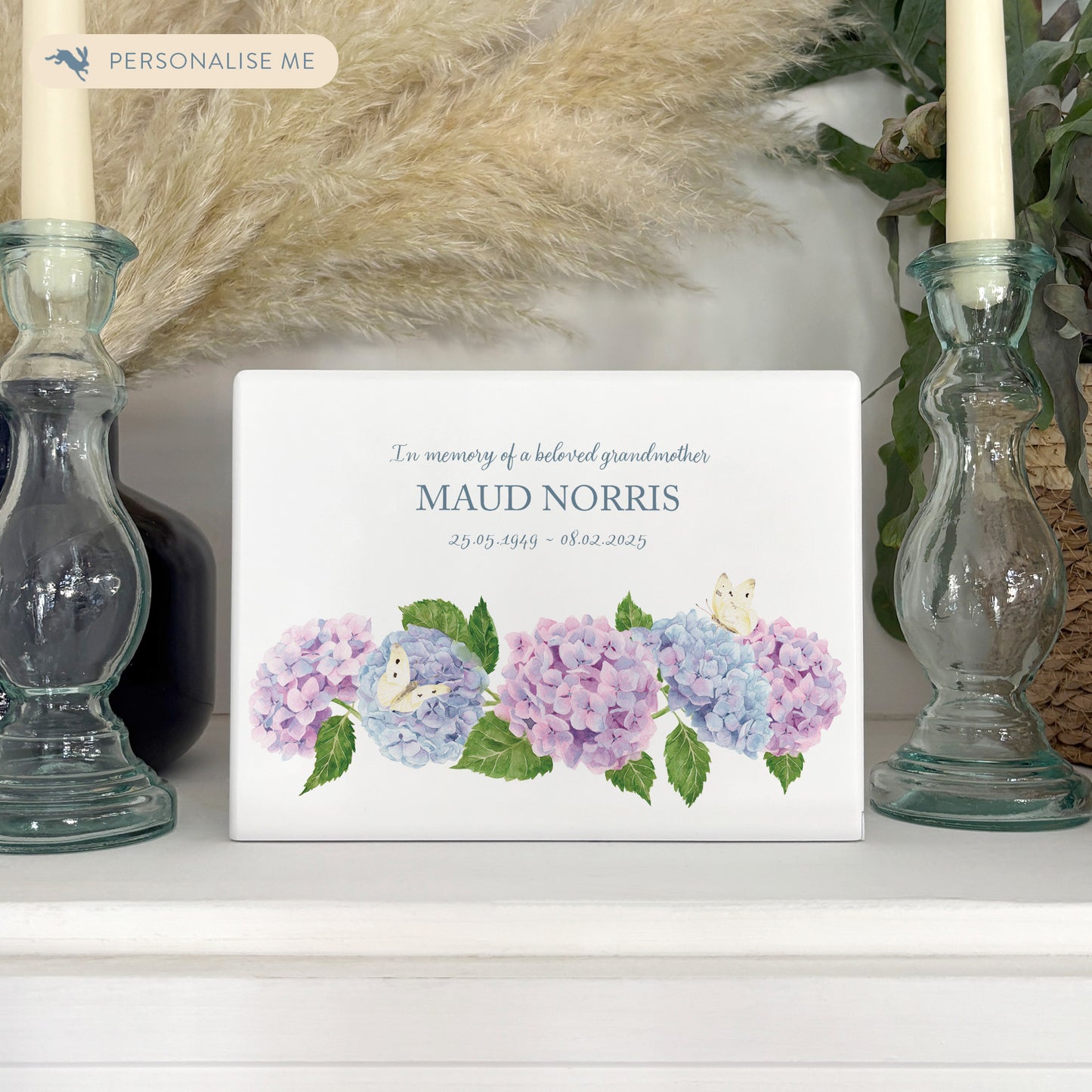 Luxury solid wooden white painted Hydrangea watercolour illustration our urns and Caskets for displaying or burying ashes. Customisable and can be personalised. Perfect funeral memory keepsake urn, for storing ashes for humans and pets.