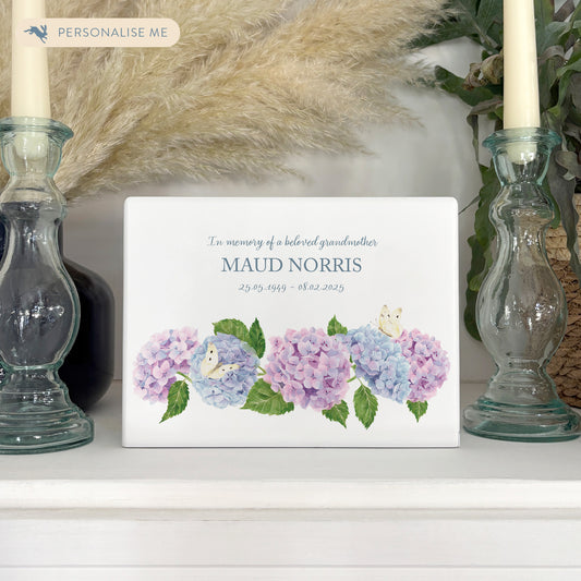 Luxury solid wooden white painted Hydrangea watercolour illustration our urns and Caskets for displaying or burying ashes. Customisable and can be personalised. Perfect funeral memory keepsake urn, for storing ashes for humans and pets.