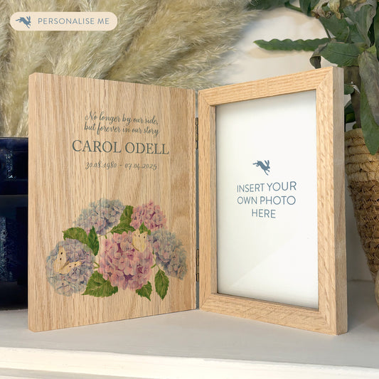 Memorial Solid Oak Photo Frame, personalise with your own message or select from our drop down selection. handmade watercolour paintings, this design features Hydrangeas with butterflies