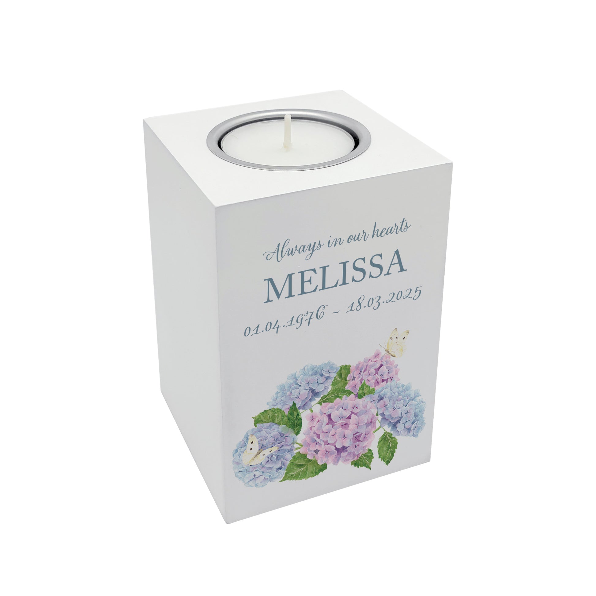 wooden cuboid luxury tealight holder with gorgeous personalised options . Each product is lovingly designed, handmade with our Countryside inspired watercolour designs. This design feature Hydrangeas and Butterflies,  unique designs to remember a loved on, great for memorial occasions 