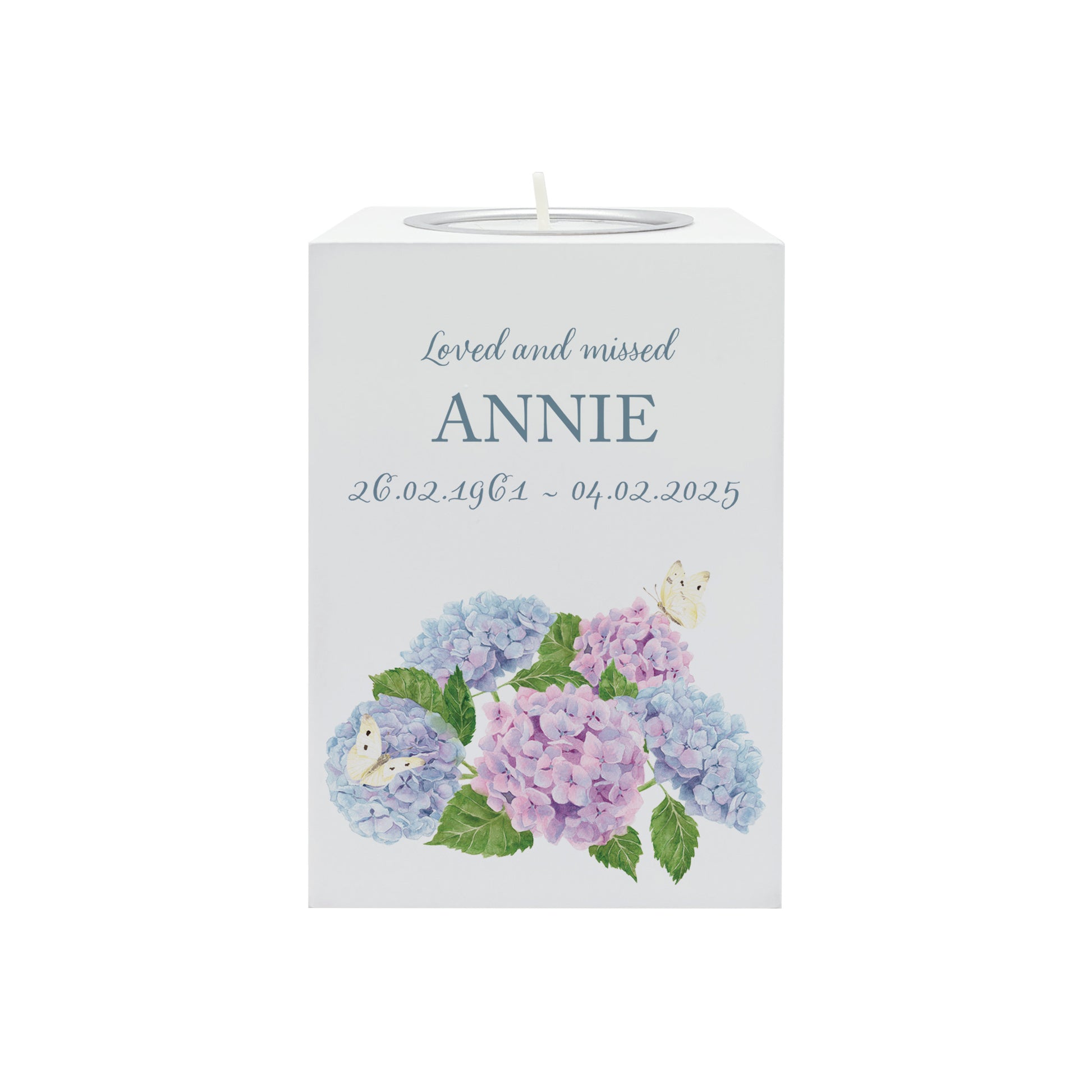 wooden cuboid luxury tealight holder with gorgeous personalised options . Each product is lovingly designed, handmade with our Countryside inspired watercolour designs. This design feature Hydrangeas and Butterflies,  unique designs to remember a loved on, great for memorial occasions 
