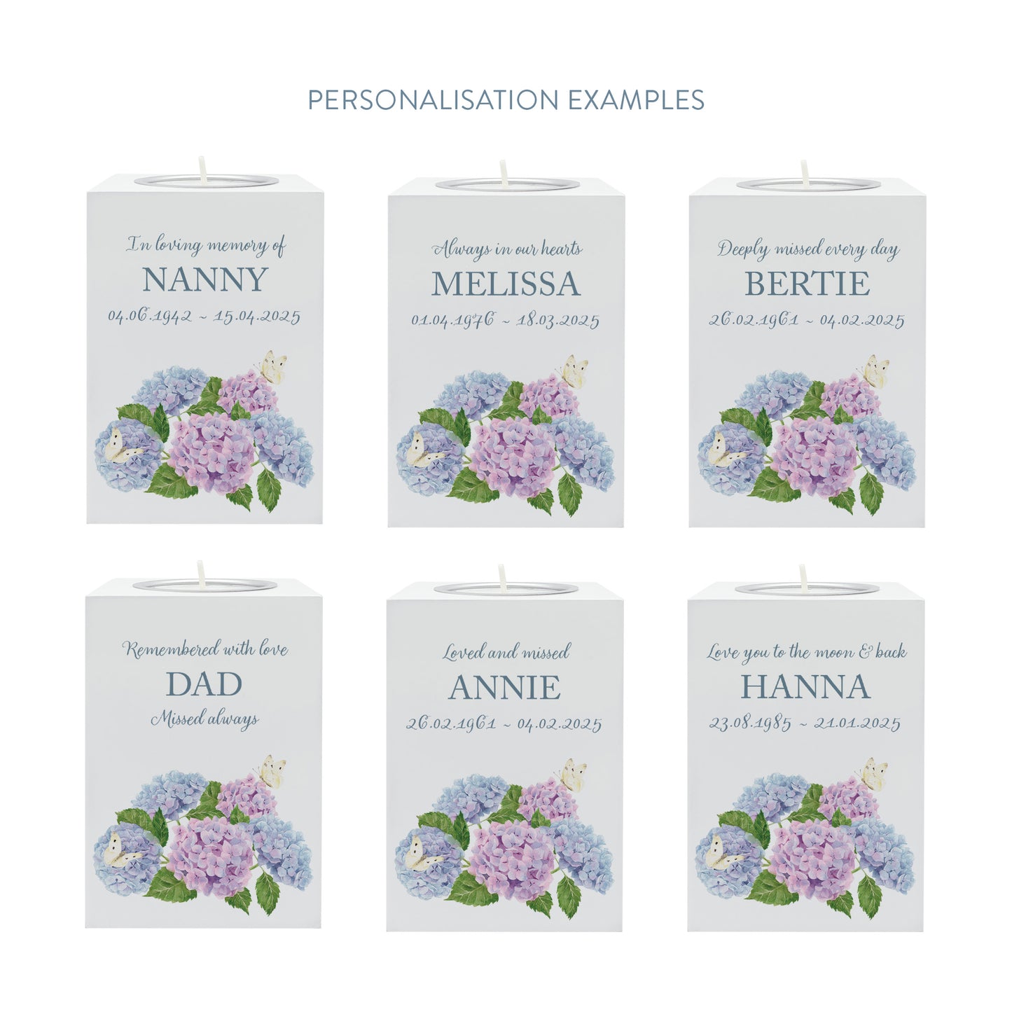 wooden cuboid luxury tealight holder with gorgeous personalised options . Each product is lovingly designed, handmade with our Countryside inspired watercolour designs. This design feature Hydrangeas and Butterflies,  unique designs to remember a loved on, great for memorial occasions 