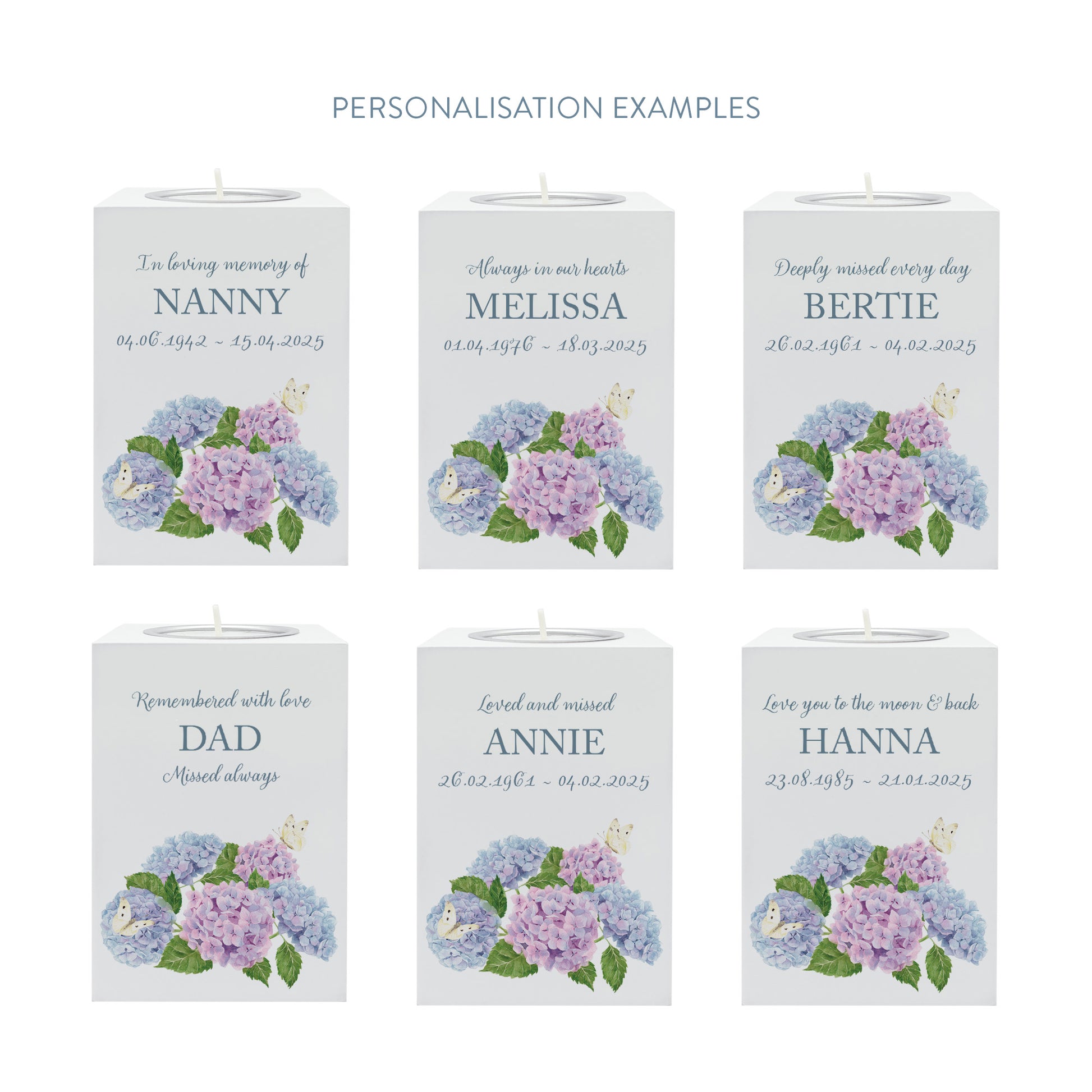 wooden cuboid luxury tealight holder with gorgeous personalised options . Each product is lovingly designed, handmade with our Countryside inspired watercolour designs. This design feature Hydrangeas and Butterflies,  unique designs to remember a loved on, great for memorial occasions 