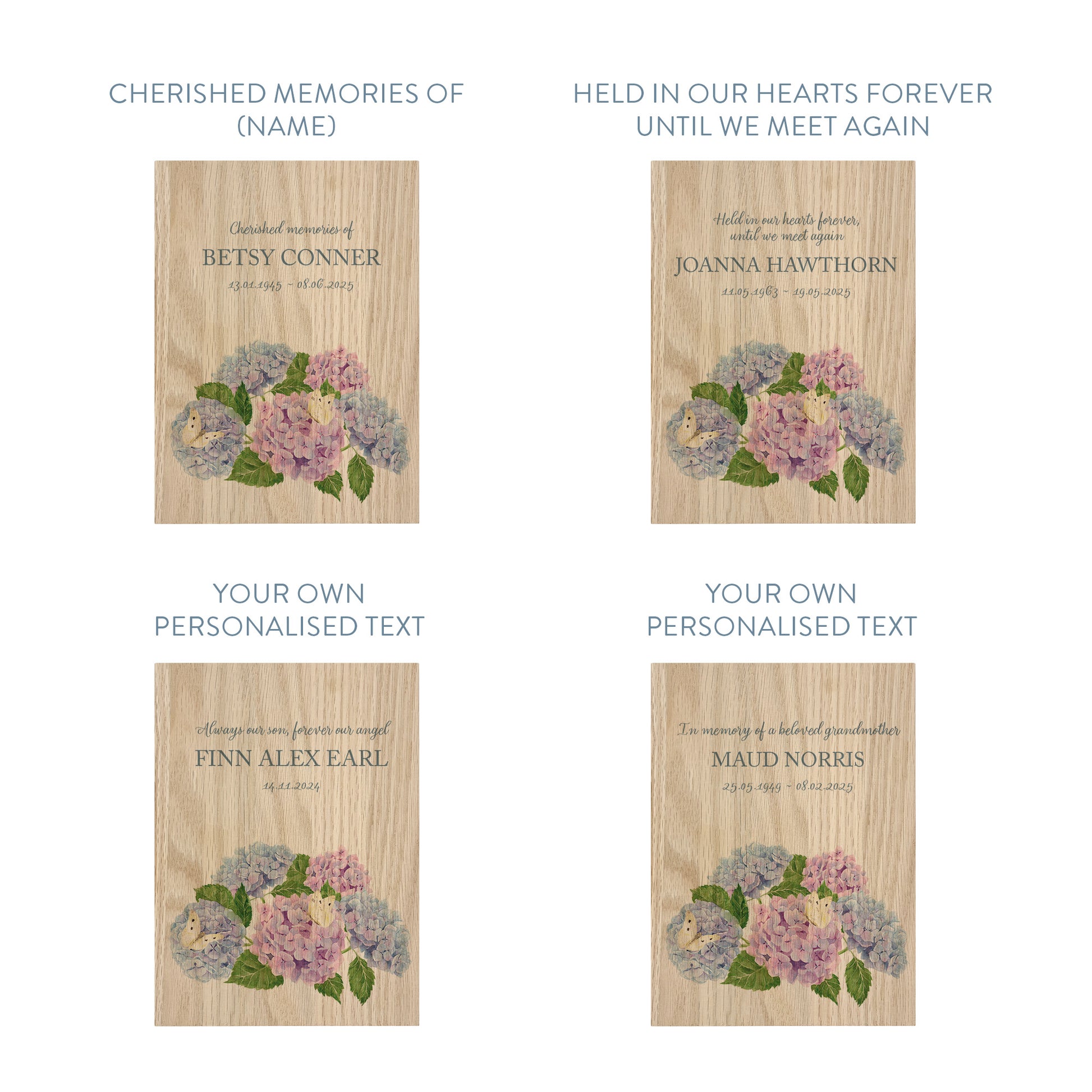Memorial Solid Oak Photo Frame, personalise with your own message or select from our drop down selection. handmade watercolour paintings, this design features Hydrangeas with butterfliesv