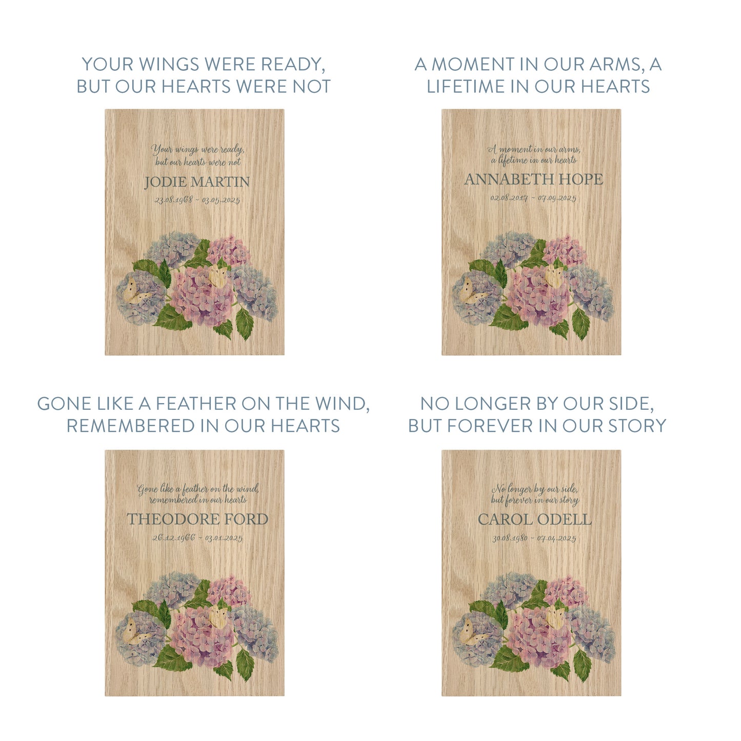 Memorial Solid Oak Photo Frame, personalise with your own message or select from our drop down selection. handmade watercolour paintings, this design features Hydrangeas with butterflies