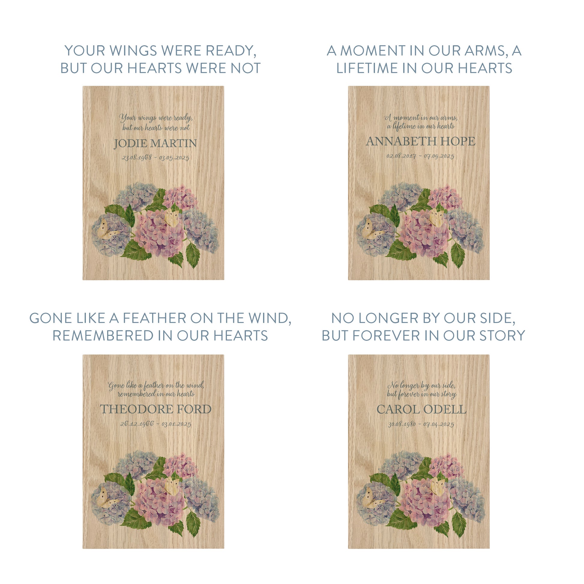 Memorial Solid Oak Photo Frame, personalise with your own message or select from our drop down selection. handmade watercolour paintings, this design features Hydrangeas with butterflies