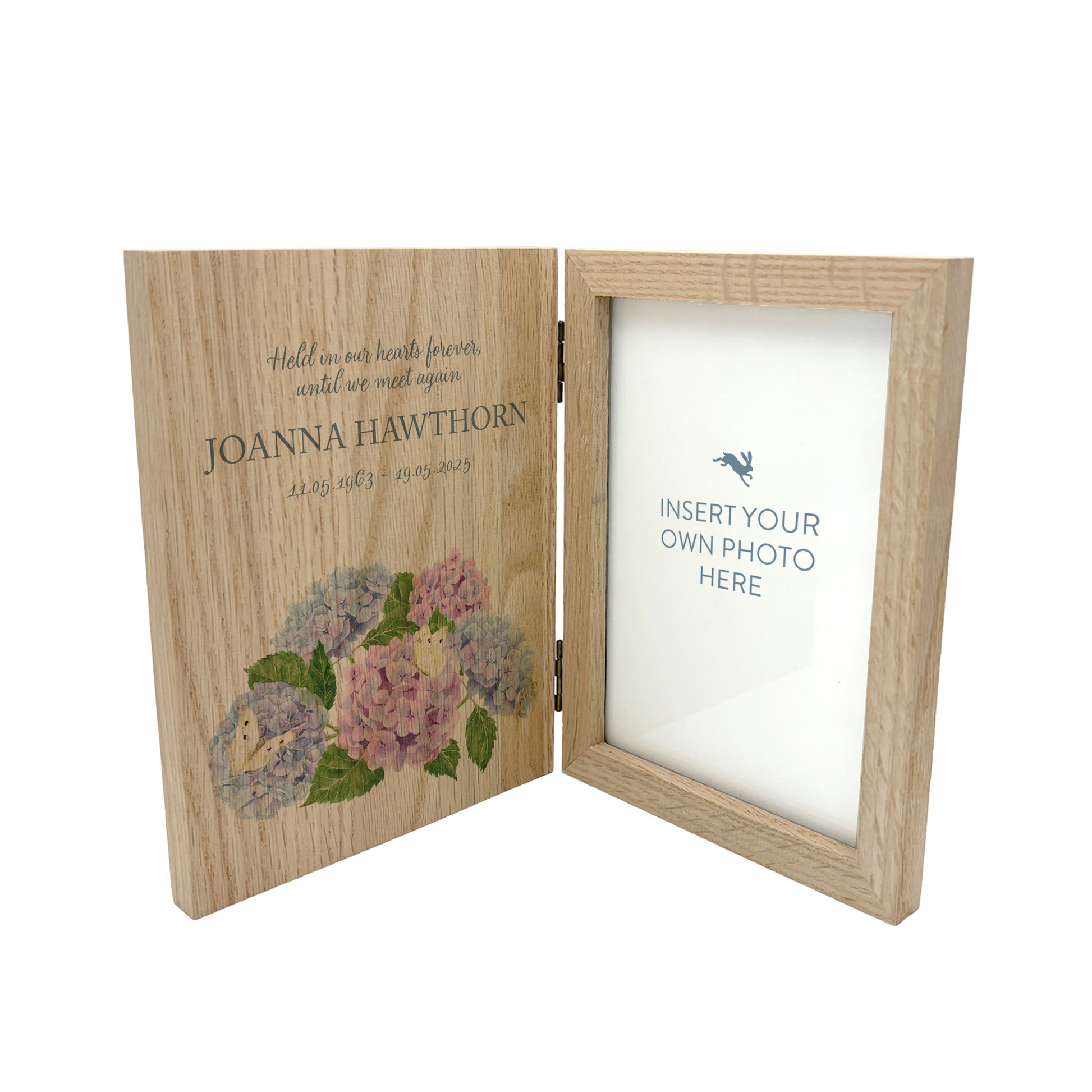 Memorial Solid Oak Photo Frame, personalise with your own message or select from our drop down selection. handmade watercolour paintings, this design features Hydrangeas with butterflies