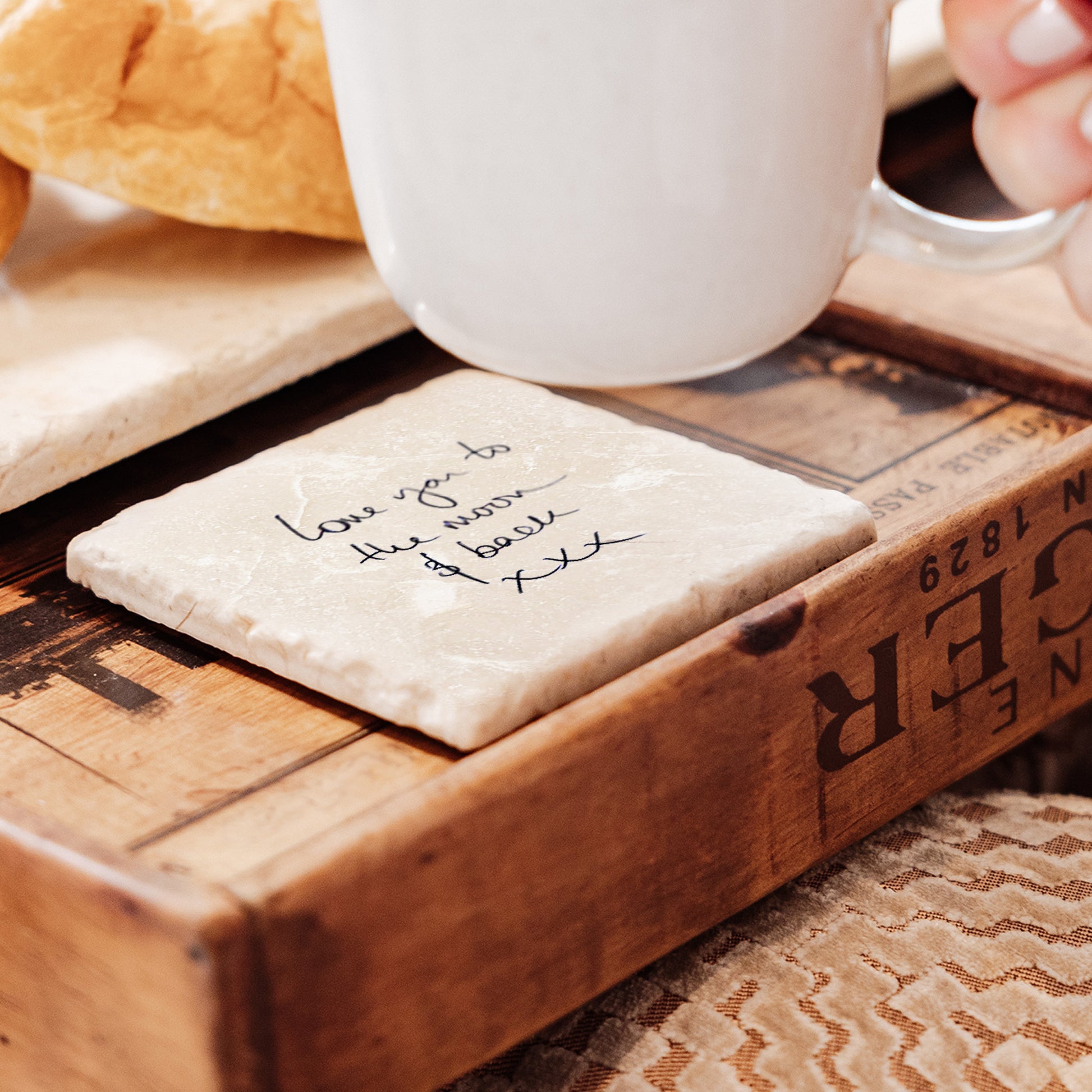 Personalised marble coasters with sentimental handwriting, ideal for memorial keepsakes and remembrance gifts.