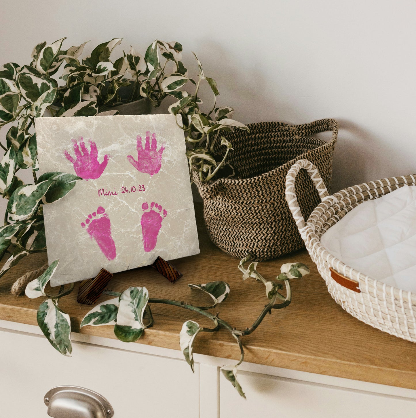 A personalised large marble picture tile featuring newborn baby hand and footprints, name and birthdate. Create the perfect keepsake to display in the nursery.