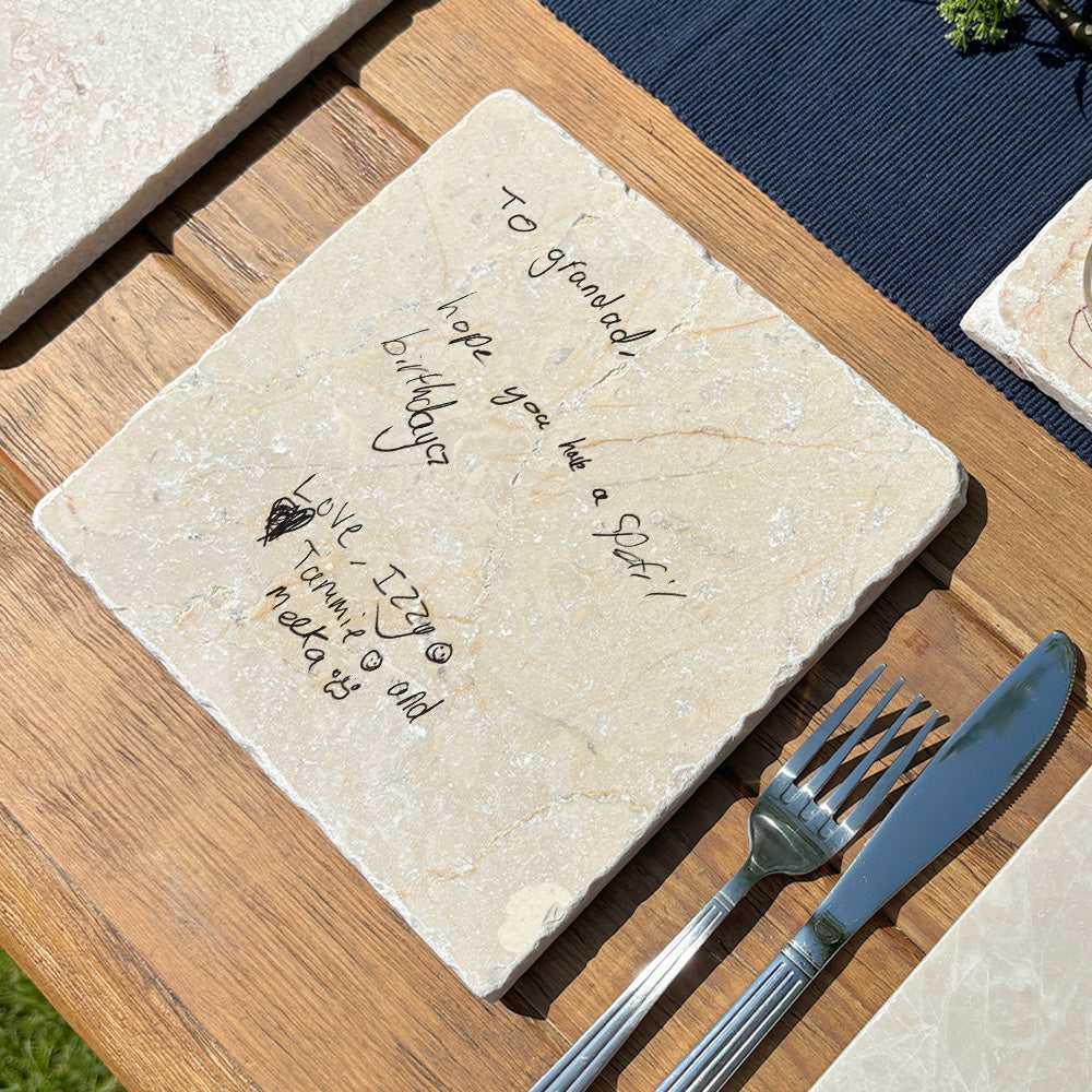 A custom medium marble platter featuring a loved one’s handwriting, a perfect gift and keepsake for parents, grandparents, or family.