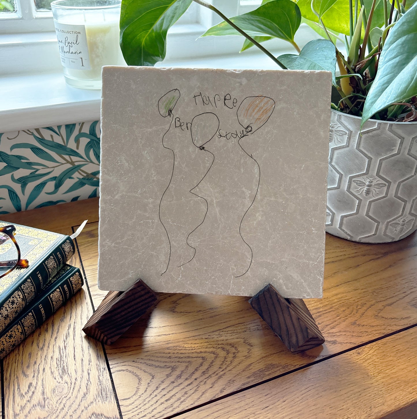 A bespoke medium marble picture tile featuring a child’s artwork, a unique and meaningful gift for grandparents.