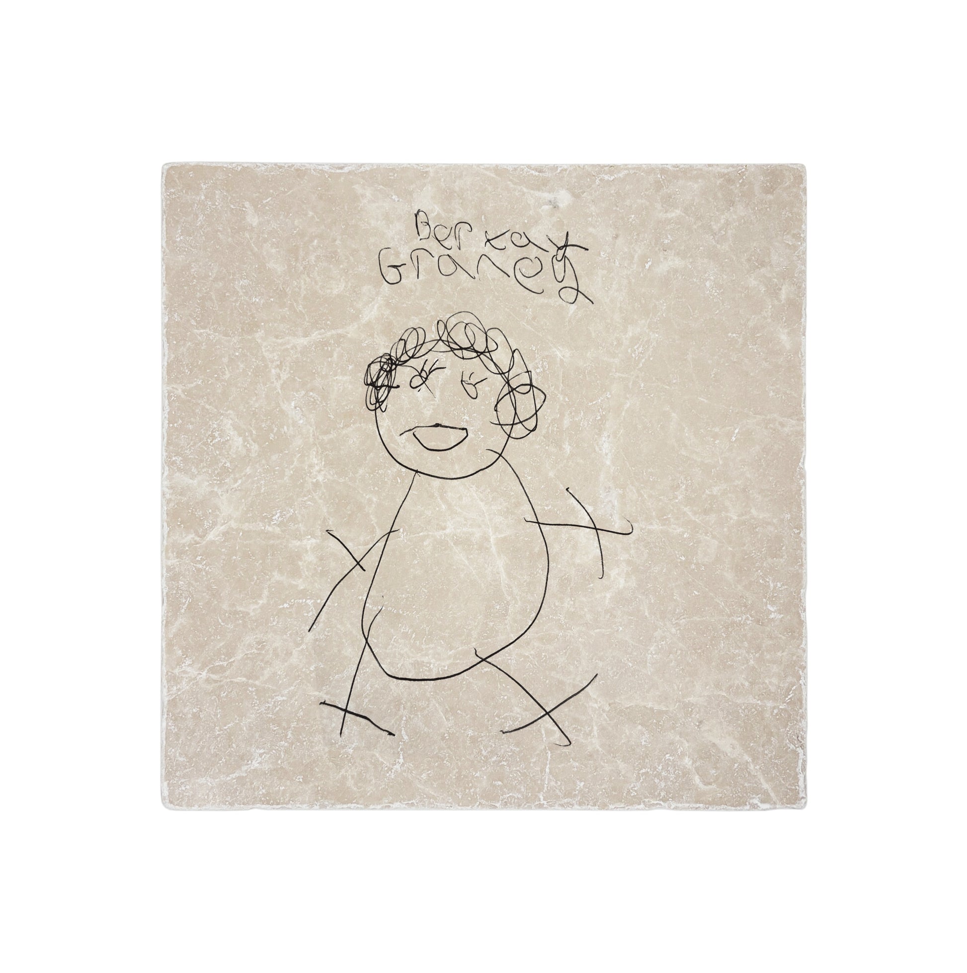 Unique marble tile displaying a child’s drawing, a bespoke keepsake gift for grandparents and parents.