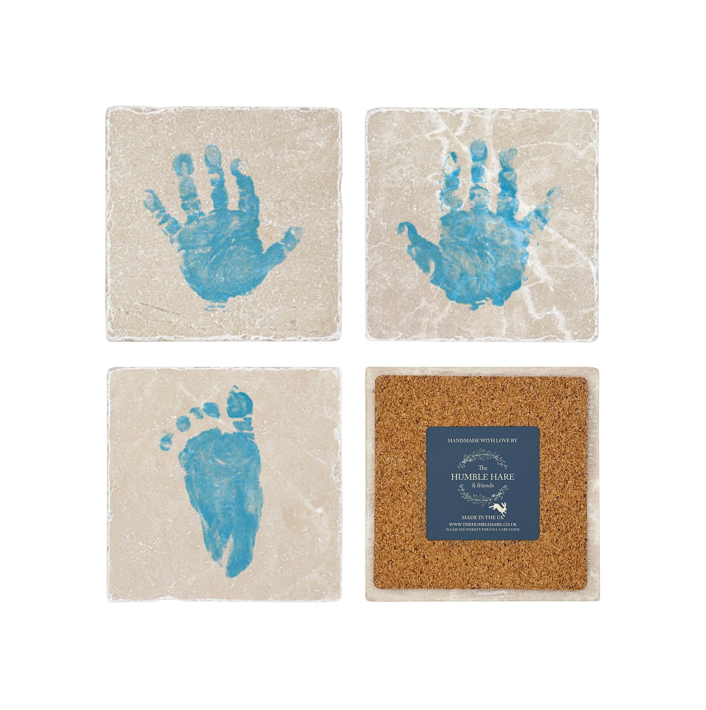 Personalised marble coasters with baby footprints and handprints are a beautiful keepsake, perfect for grandparents or family celebrations. One coaster is flipped to show that they are backed with cork and a branded sticker.