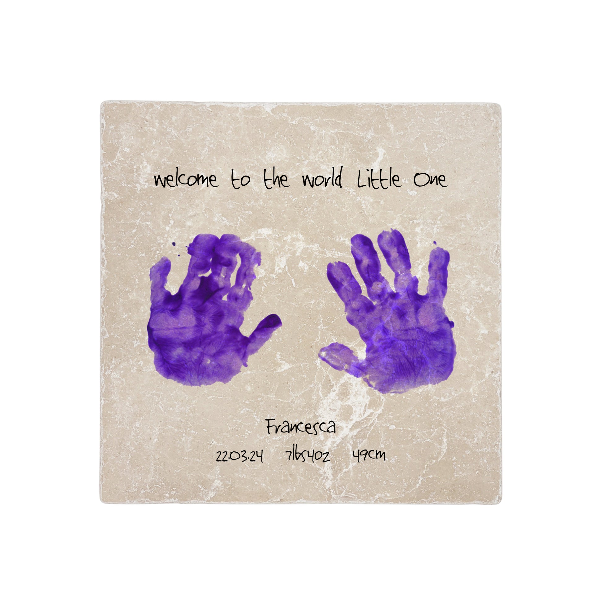 Personalised marble coasters featuring baby's handprints, birthdate, weight and height. Create the perfect keepsake for new parents or a meaningful gift for grandparents.