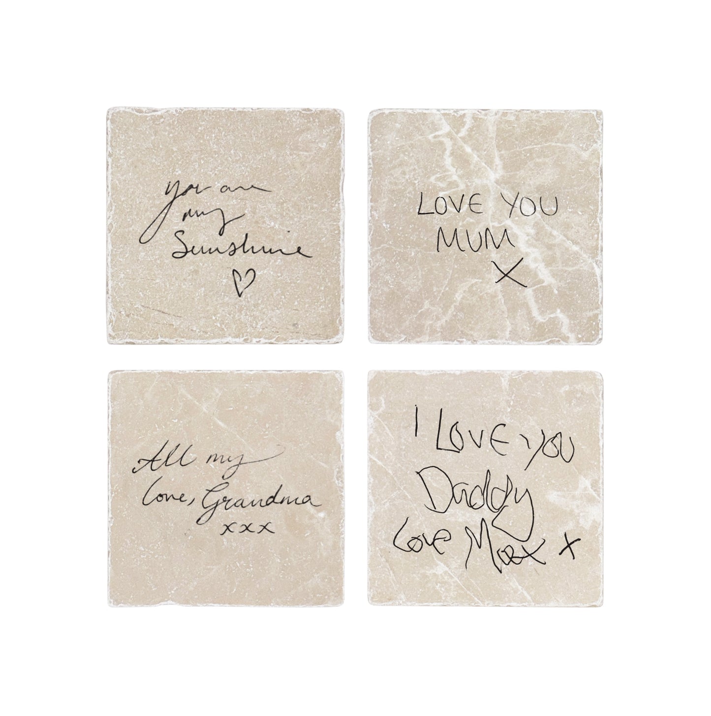 A set of 4 marble coasters personalised with a loved one's handwriting – a heartfelt gift for parents, gift for grandparents, or a memorial gift.