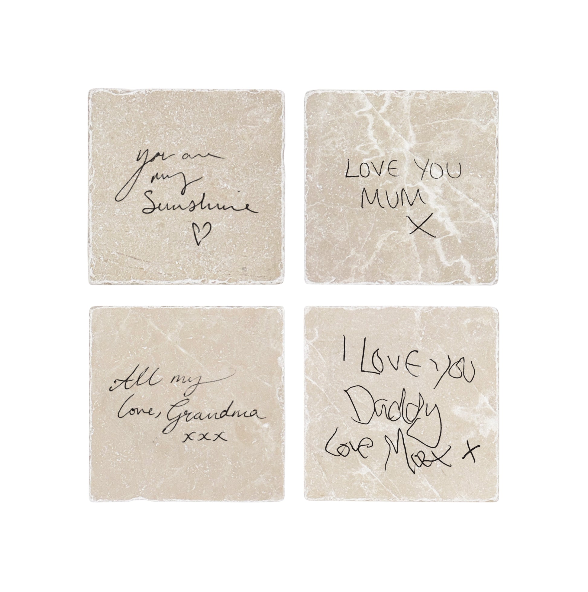 A set of 4 marble coasters personalised with a loved one's handwriting – a heartfelt gift for parents, gift for grandparents, or a memorial gift.