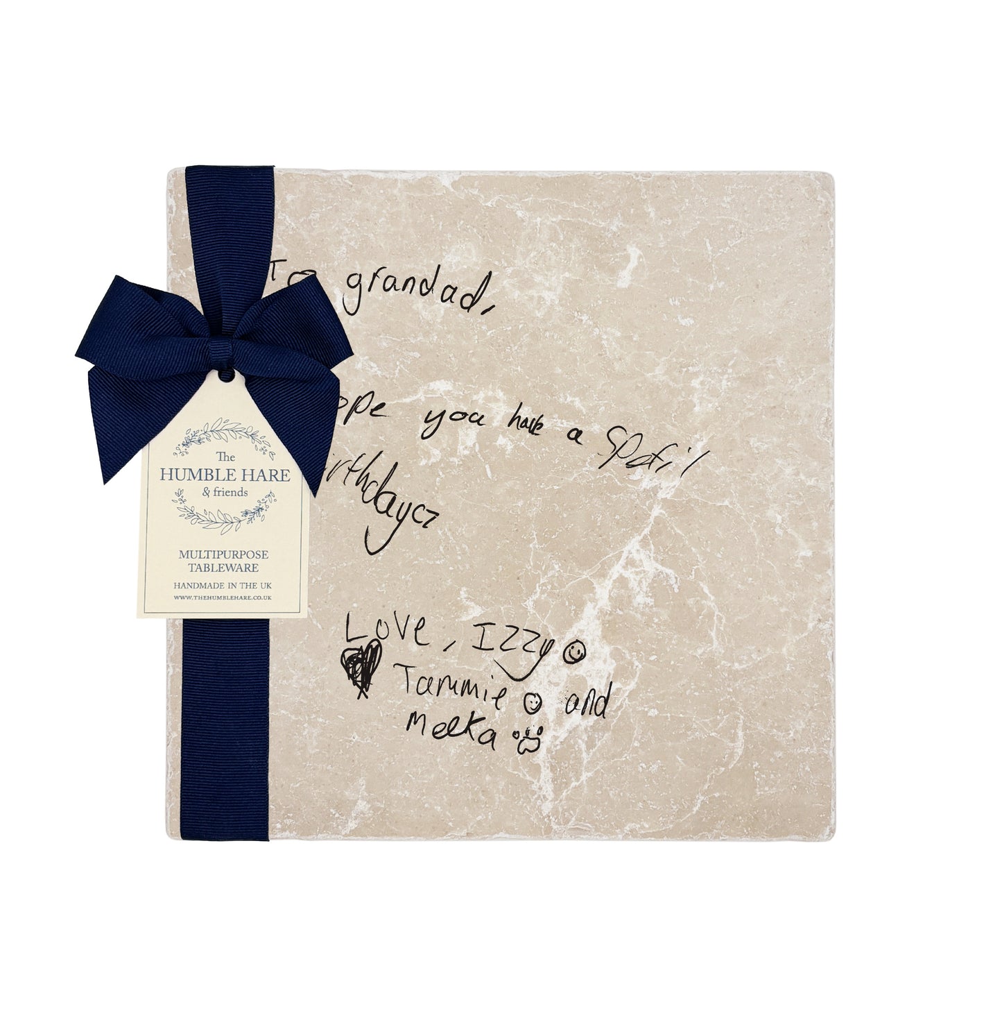 A custom medium marble platter featuring a loved one’s handwriting, a perfect gift and keepsake for parents, grandparents, or family. The bespoke platter is package with a luxurious blue ribbon and gift tag.