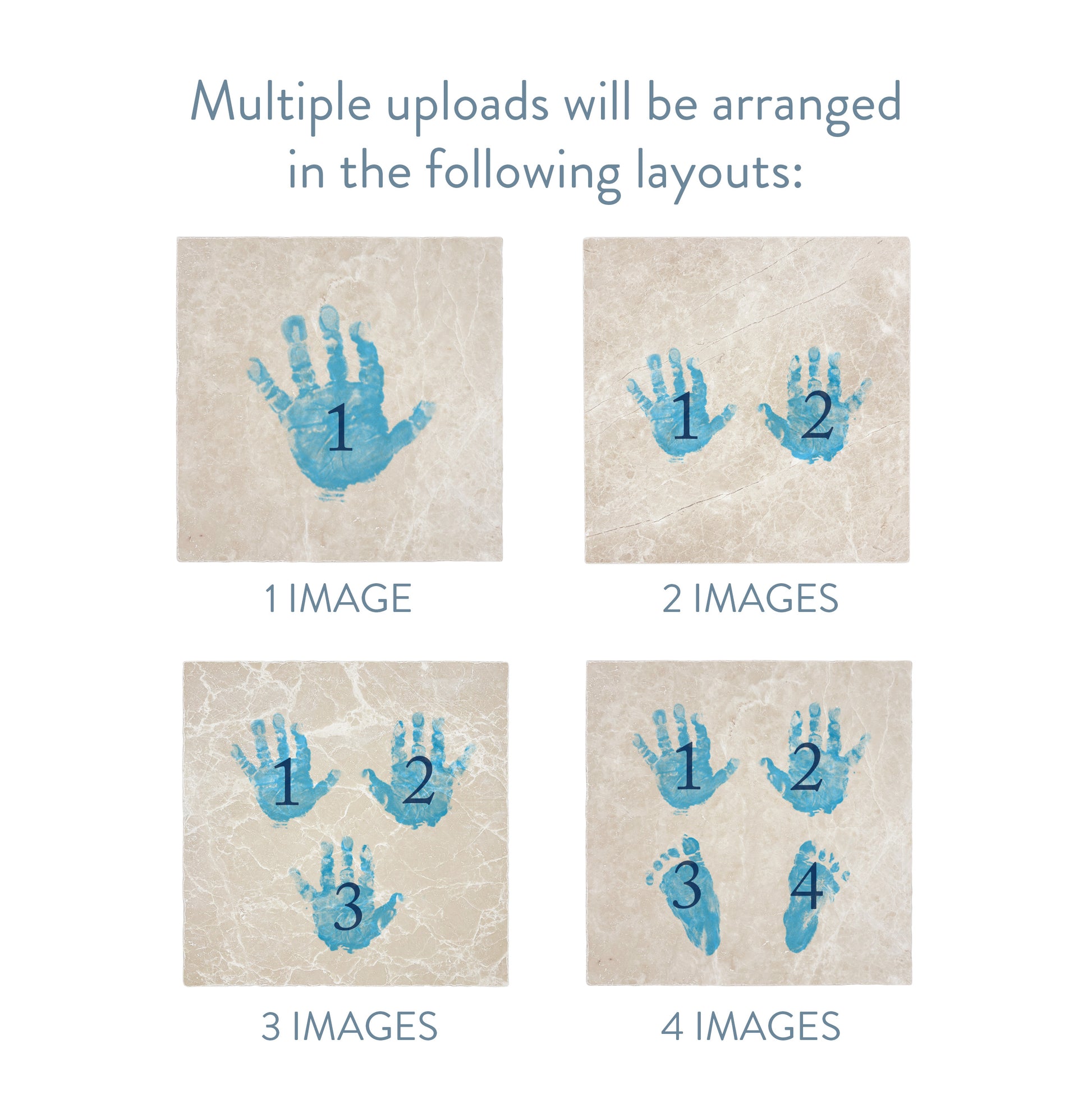 A diagram showing the various layouts available for personalised images on a large marble platter keepsake.