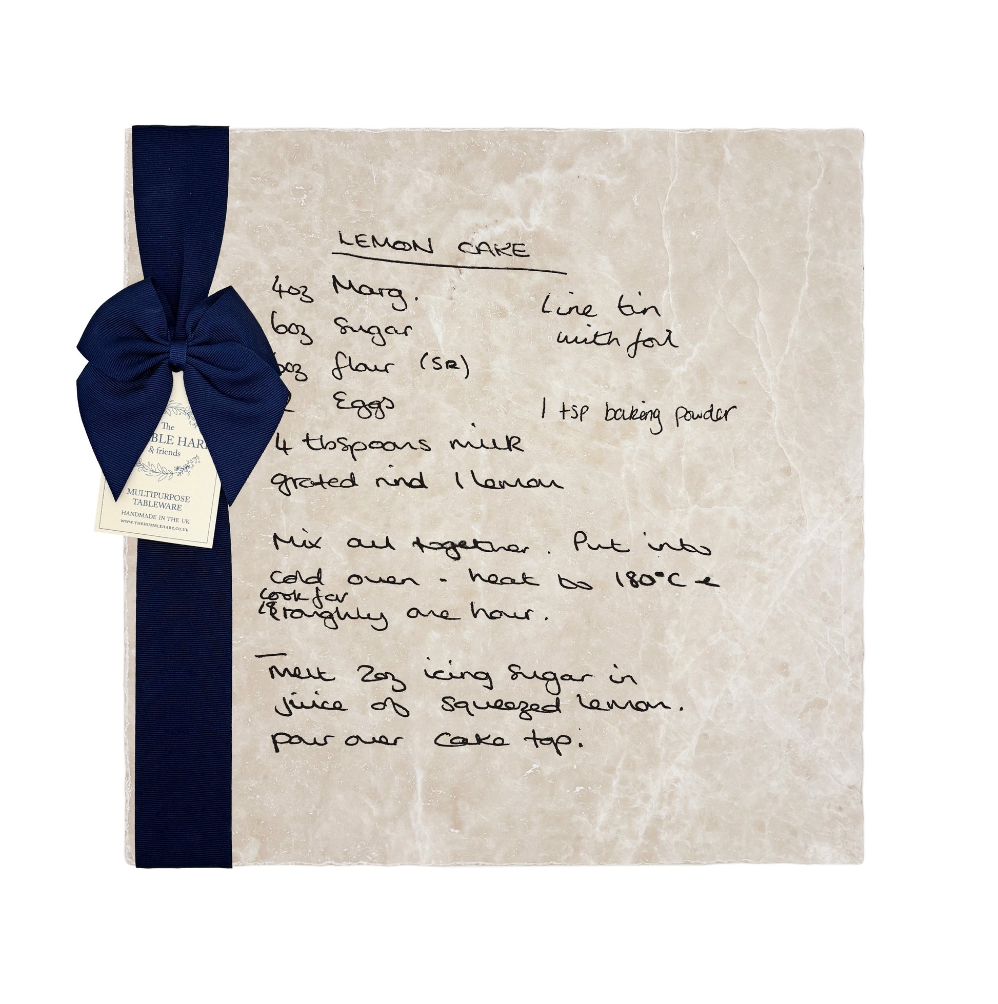 A personalised large marble platter with handwritten family recipe – the perfect keepsake gift for family. Packaged with a luxurious blue bow and gift tag.