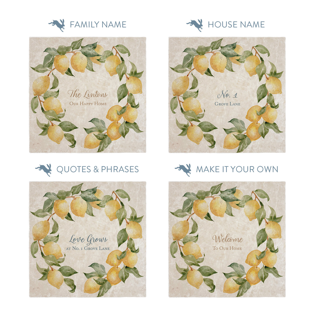 Lemon Wreath personalised wall tile, make it your own with your own text. 
