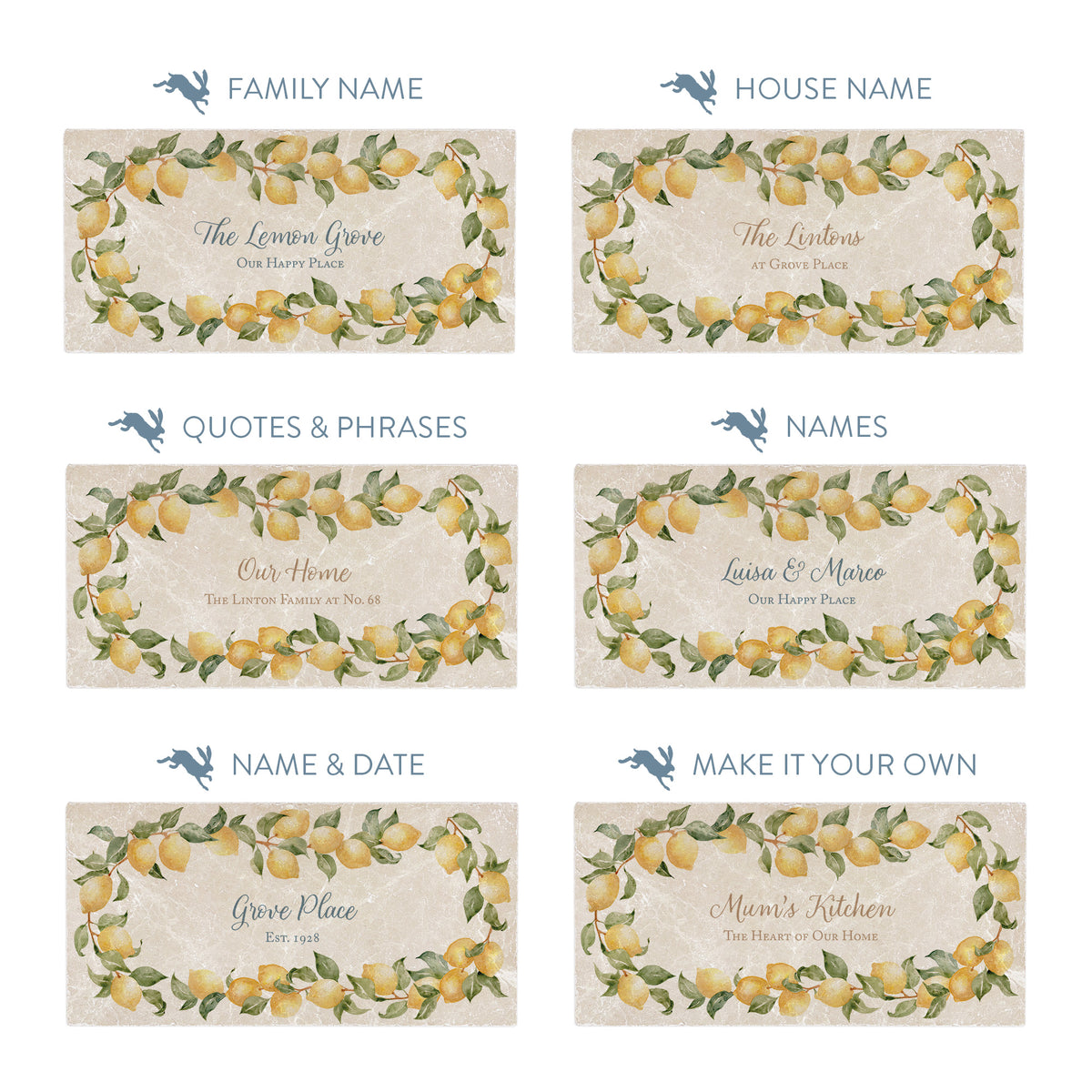 Font and colour examples for a lemon personalised wall tile.