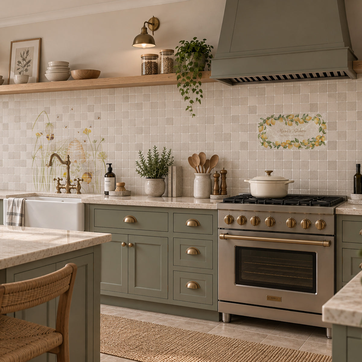 Lemon designer wall tiles, personalise and make it your own.  Cream kitchen or shower backsplash plain marble tiles. 