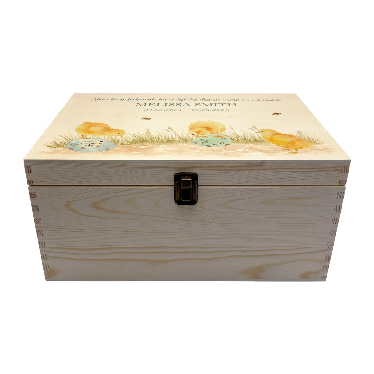 Wooden box with a decorative lid featuring illustrations Baby chicks Perfect funeral memory keepsake box, for storing ashes, order of service, flowers and coping with baby loss capturing your loved ones things in one place 