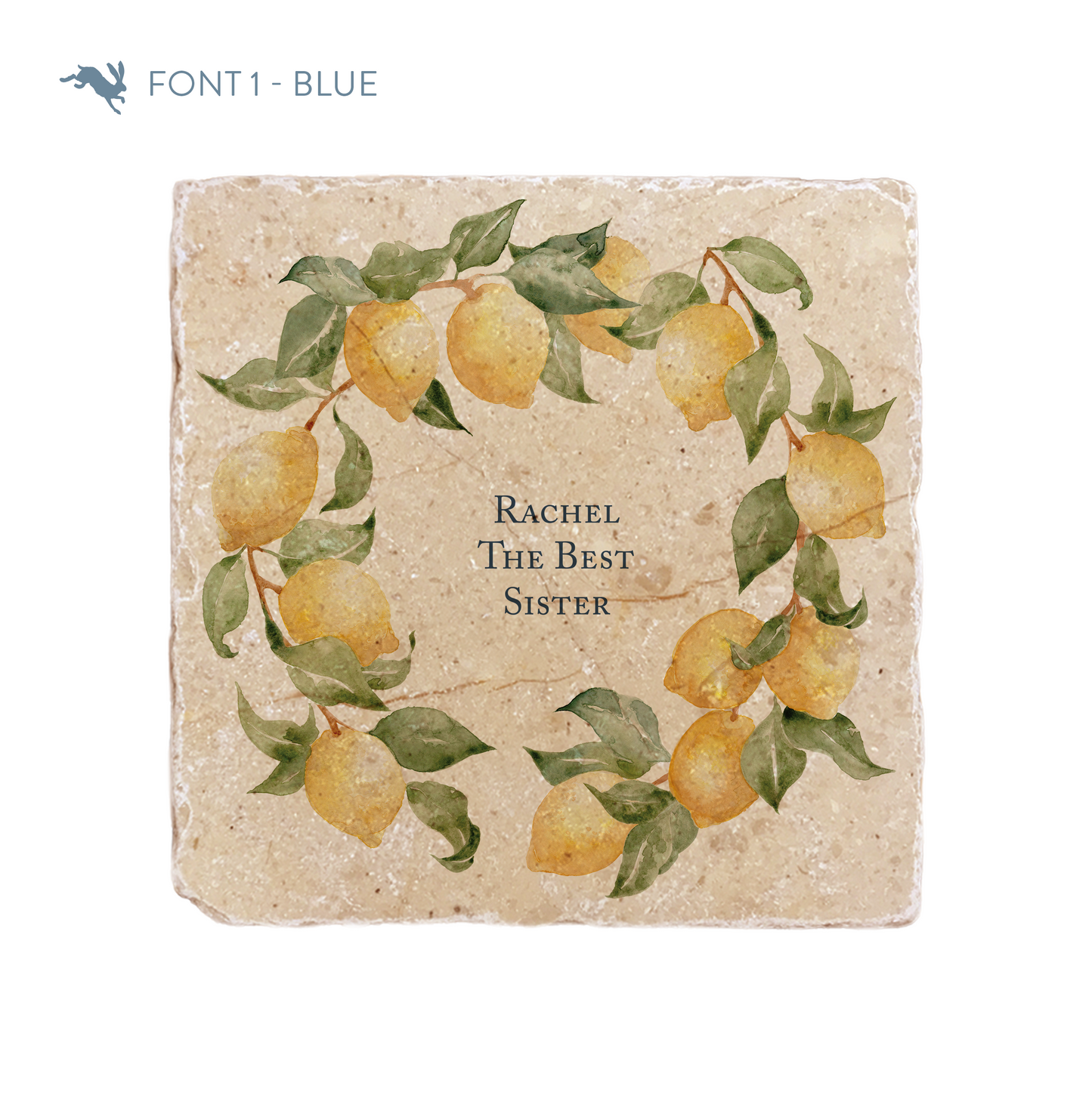 A medium marble platter featuring a wreath of lemons and leaves, personalised with the bespoke message ‘Rachel the best sister' in the centre of the platter in a blue font.