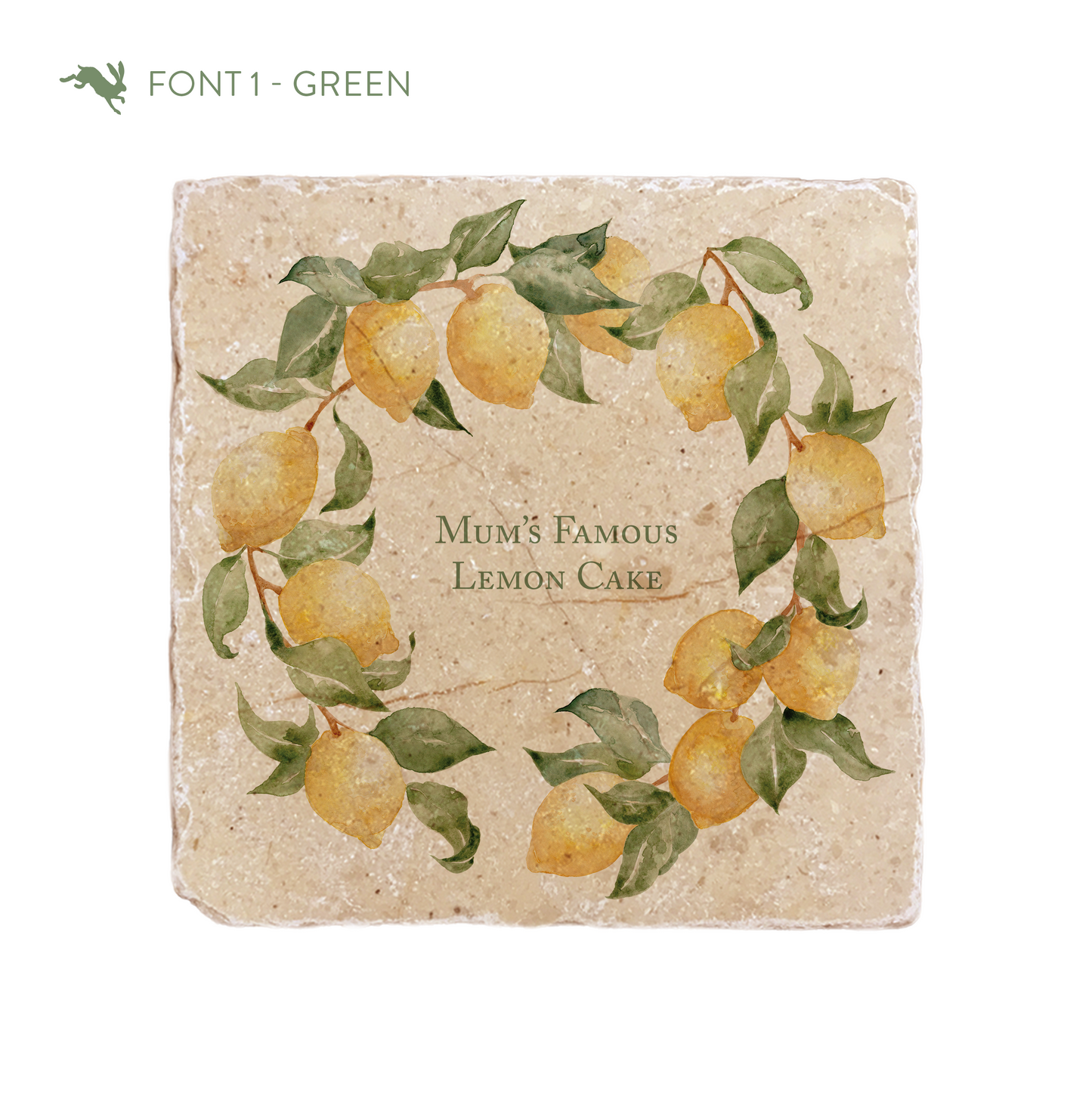 A medium marble platter featuring a wreath of lemons and leaves, personalised with the bespoke message ‘Mum's Famous Lemon Cake' in the centre of the platter in green font.