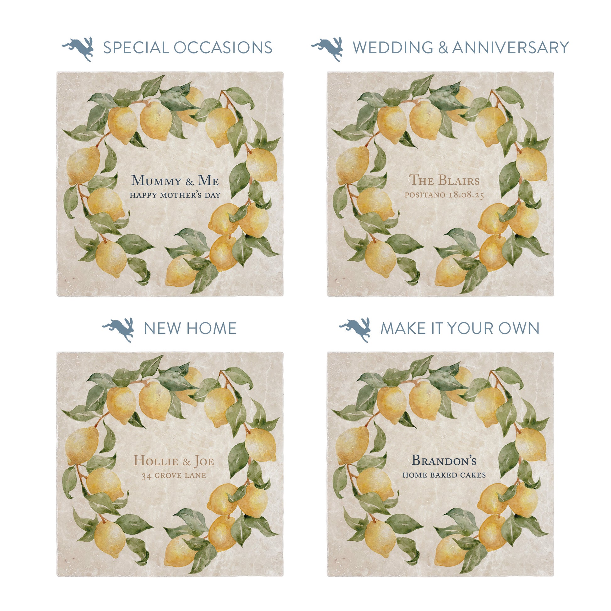 Collection of large marble platters showing the personalisation options available for all occasions including birthdays, weddings, anniversaries and new home gifts.
