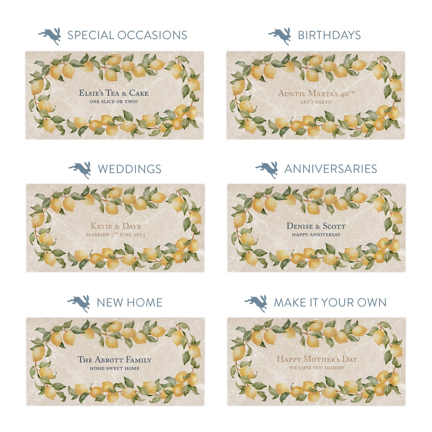 Collection of marble sharing platters showing the personalisation options available for all occasions including birthdays, weddings, anniversaries and new home gifts.