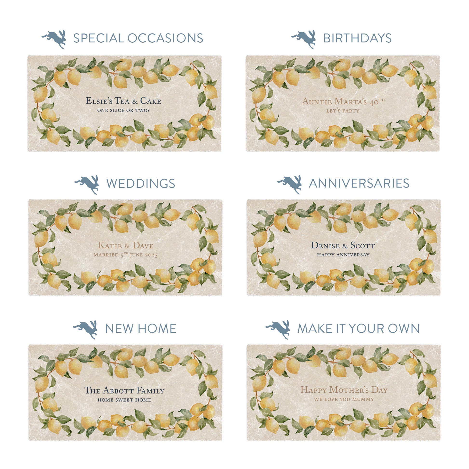 Collection of marble sharing platters showing the personalisation options available for all occasions including birthdays, weddings, anniversaries and new home gifts.