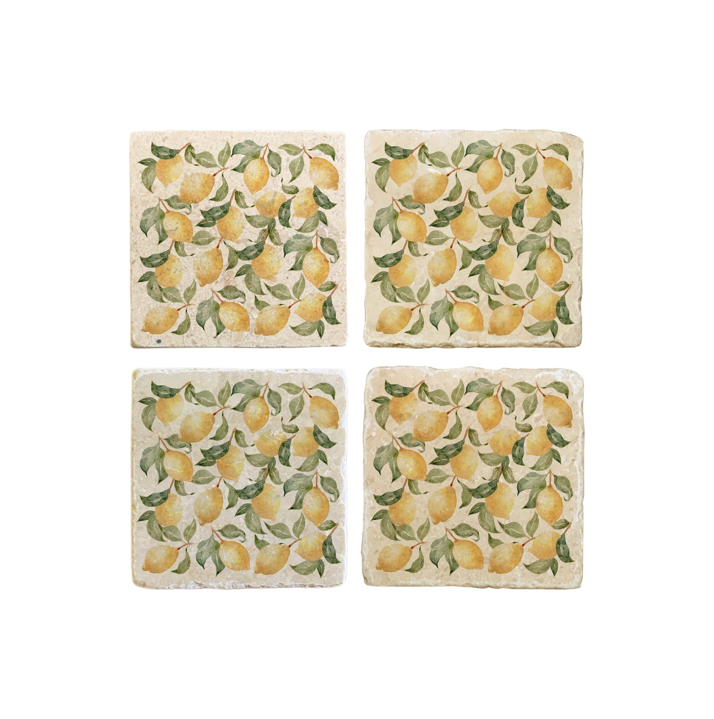 A set of 4 square marble coasters, featuring a maximalist watercolour lemon pattern.