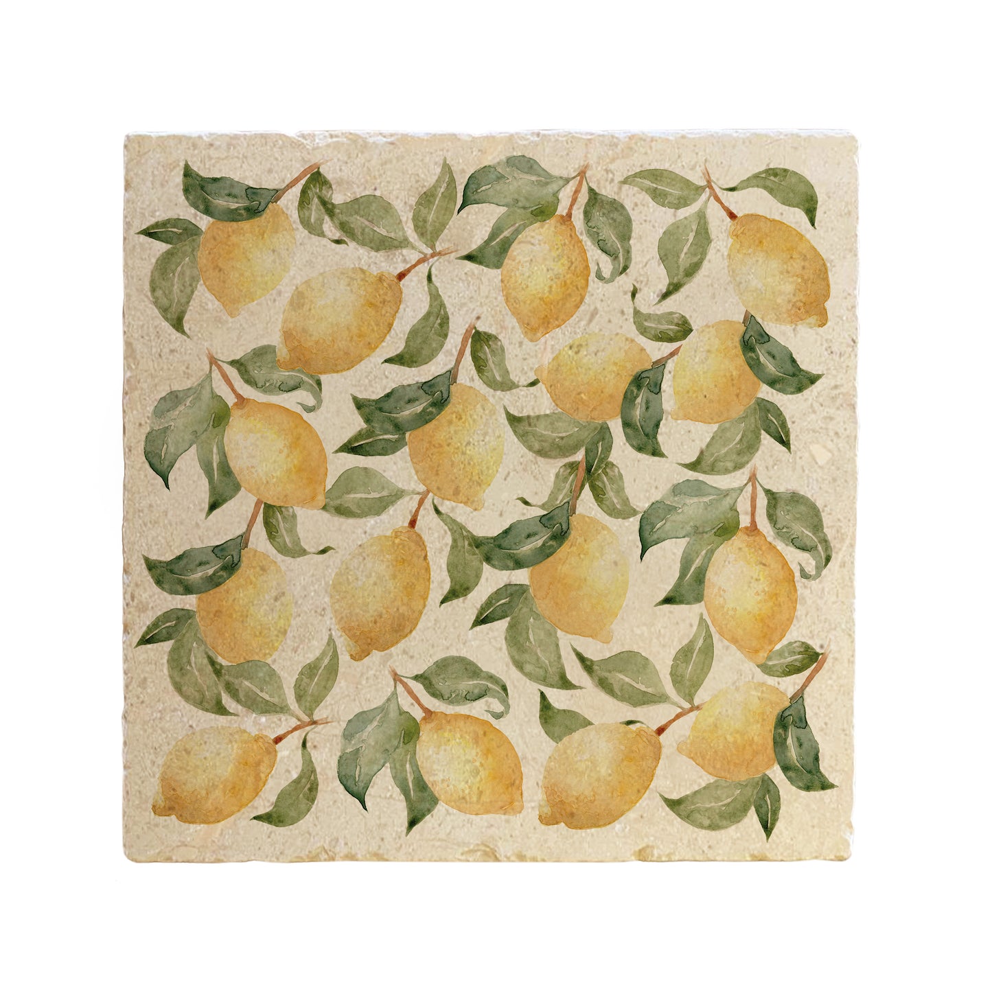 A Large marble placemat featuring a maximalist watercolour lemon pattern design.