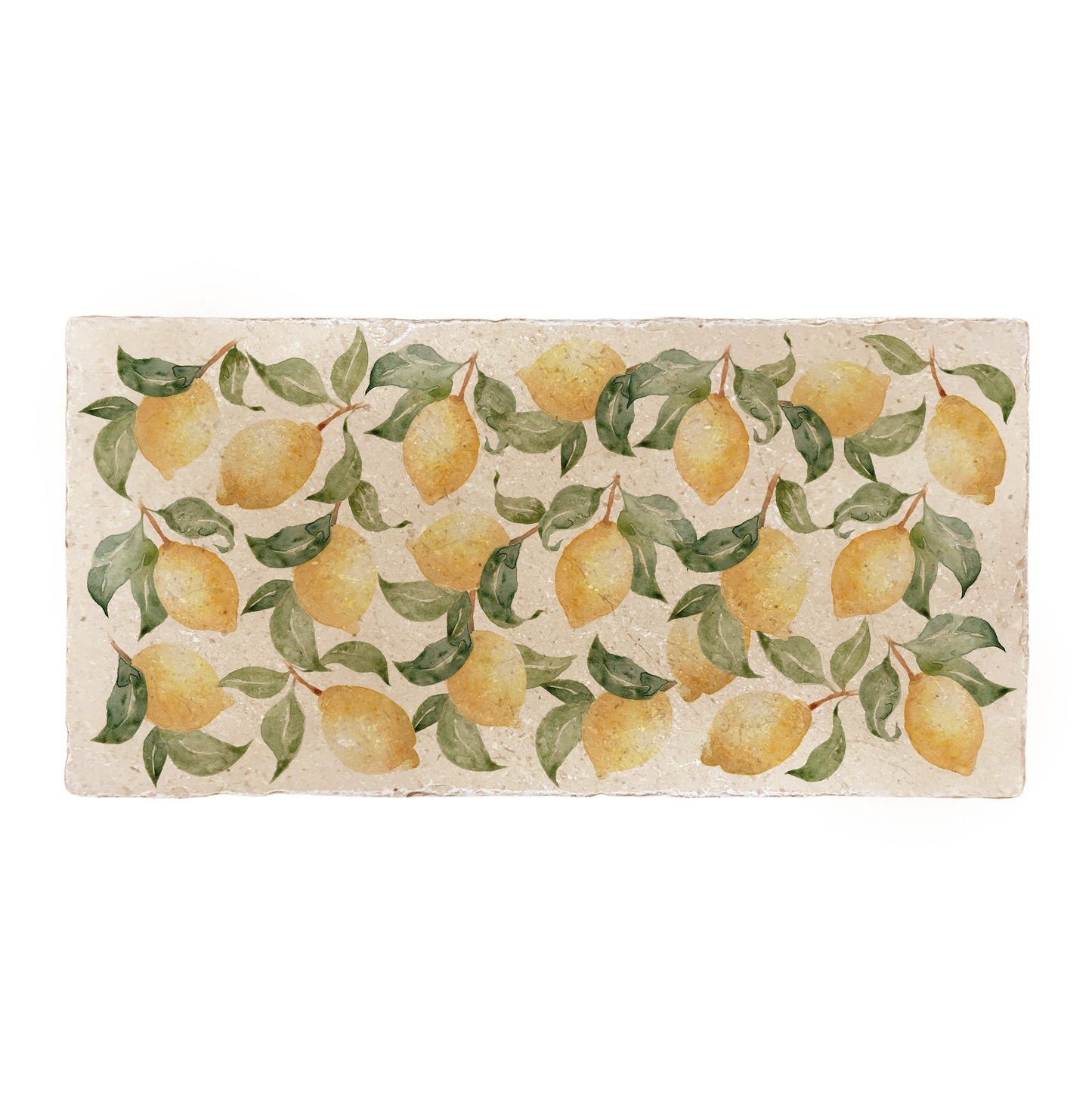 A rectangular marble sharing platter, featuring a maximalist watercolour lemon pattern.