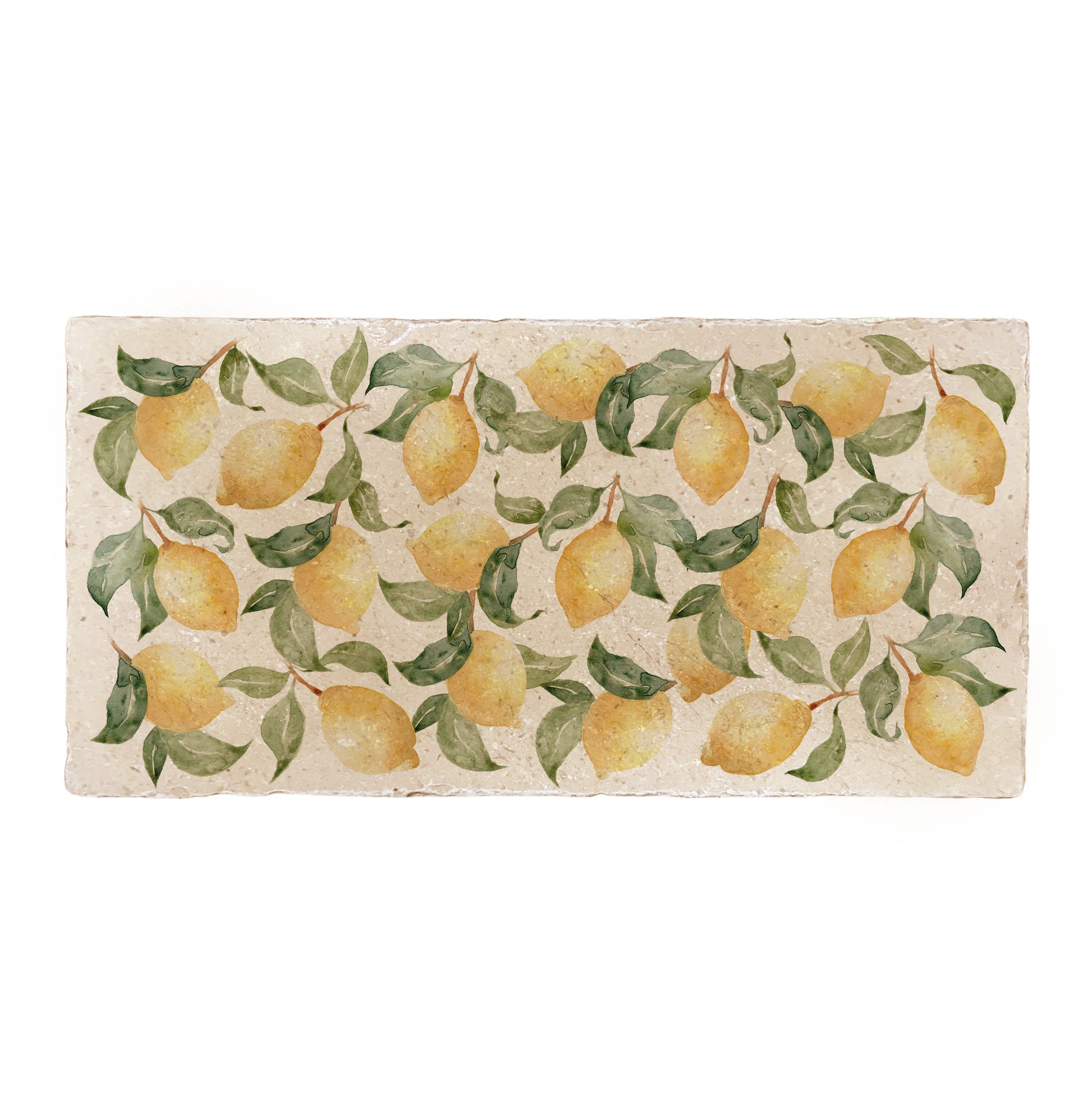 A rectangular marble sharing platter, featuring a maximalist watercolour lemon pattern.