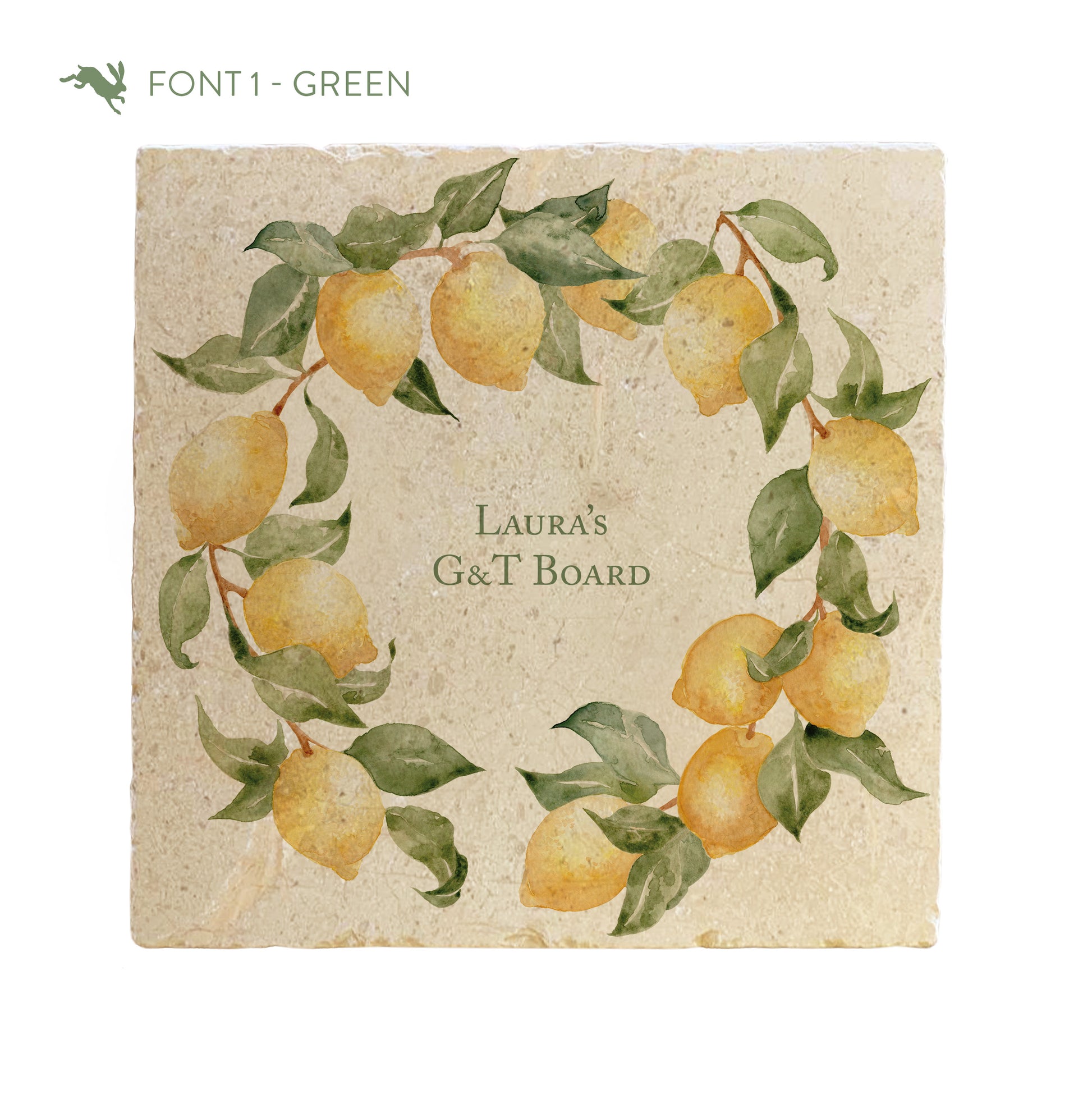 A large marble platter featuring a wreath of lemons and leaves, personalised with the bespoke message 'Easy Peasy Lemon Squeezy' in the centre of the platter in a green font.