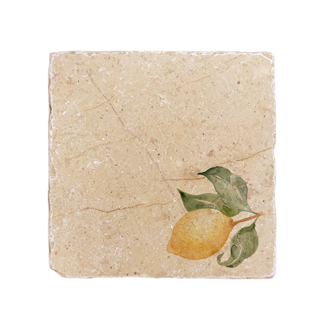 A medium square multipurpose marble platter, featuring a watercolour design of a single lemon with leaves.