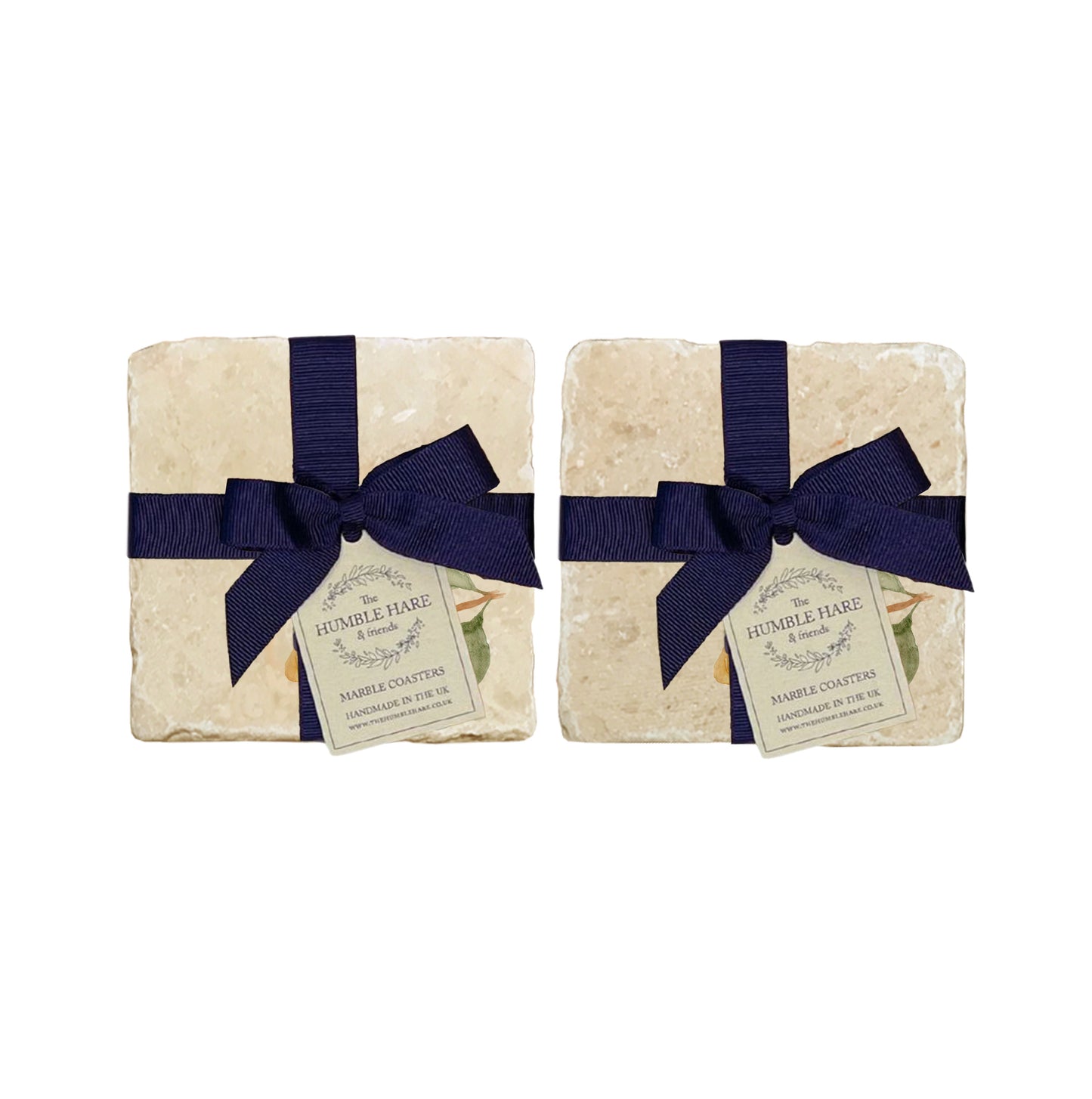 A set of 4 handmade marble coasters featuring a watercolour lemon design, packaged in 2 pairs, with a luxurious blue bow and gift tag.