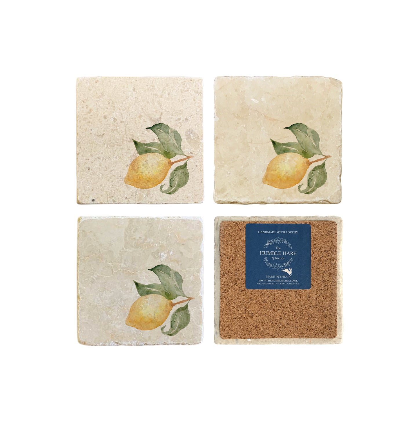 A set of 4 square marble coasters, featuring a minimalistic watercolour design of a single lemon with leaves. One coaster is flipped to show that the coasters are backed with cork.