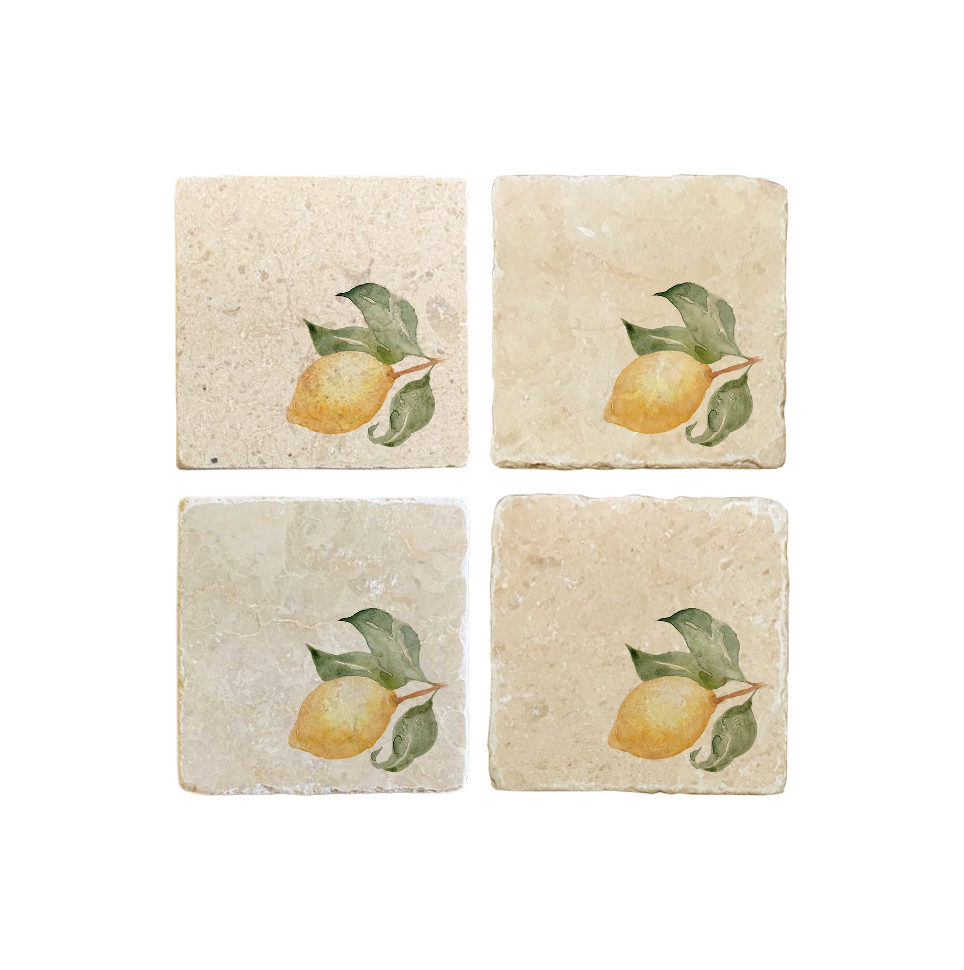 A set of 4 square marble coasters, featuring a minimalistic watercolour design of a single lemon with leaves.