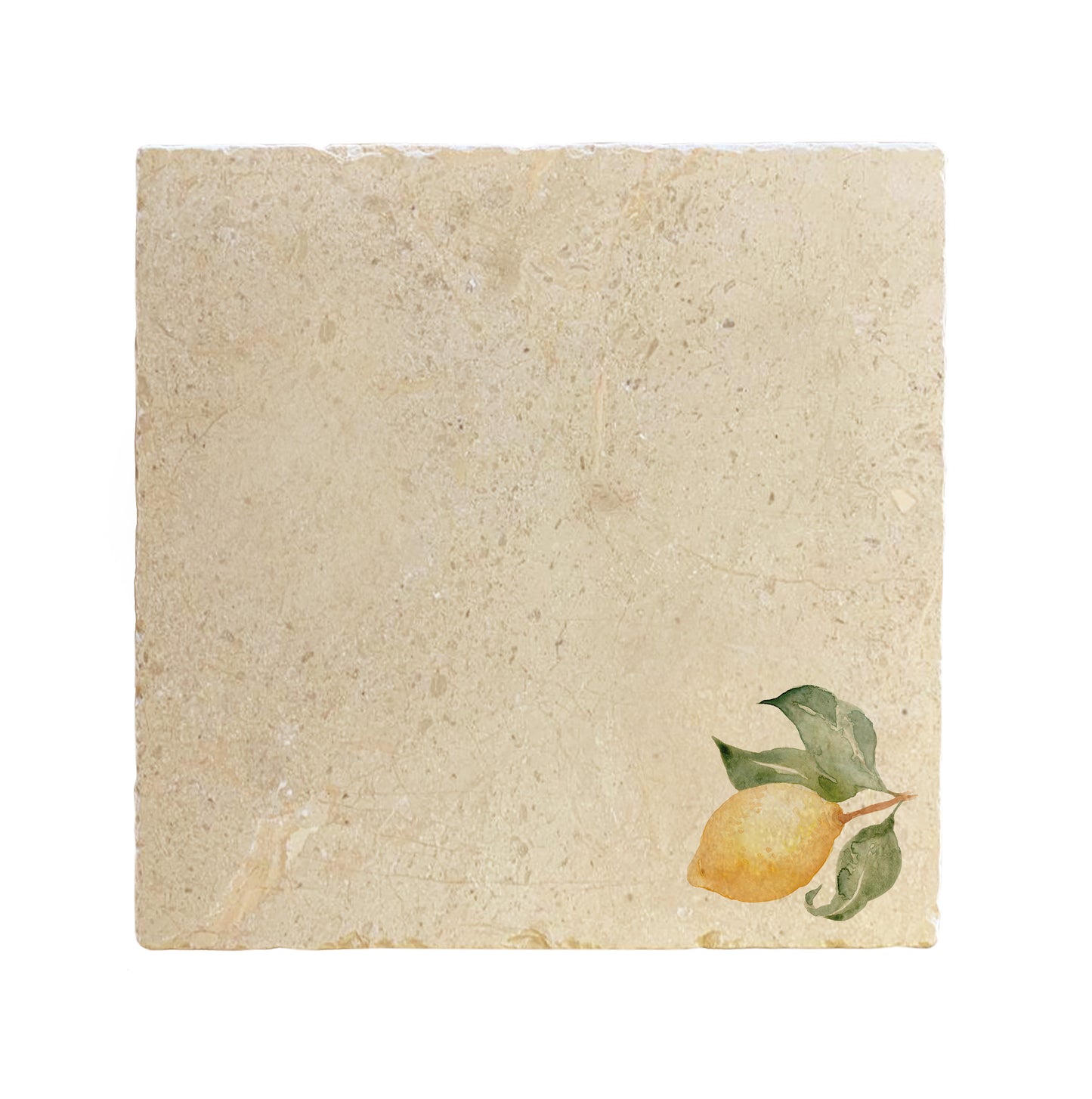 A large square marble placemat, featuring a watercolour design of a single lemon with leaves.