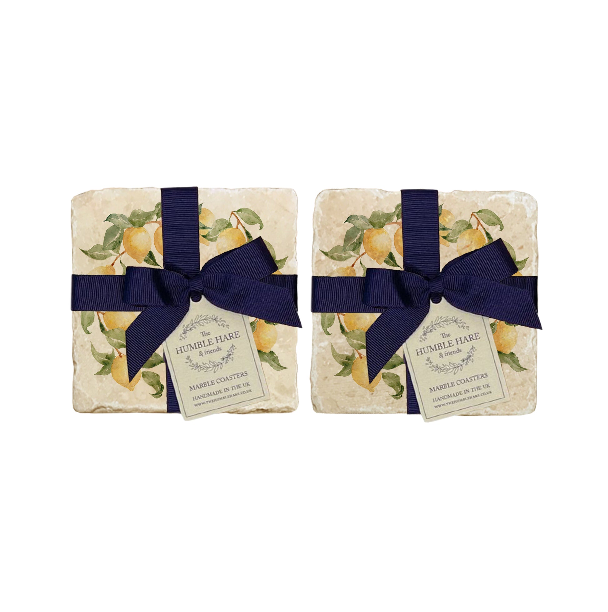  A set of 4 handmade marble coasters featuring a watercolour lemon wreath design, packaged in 2 pairs, with a luxurious blue bow and gift tag.