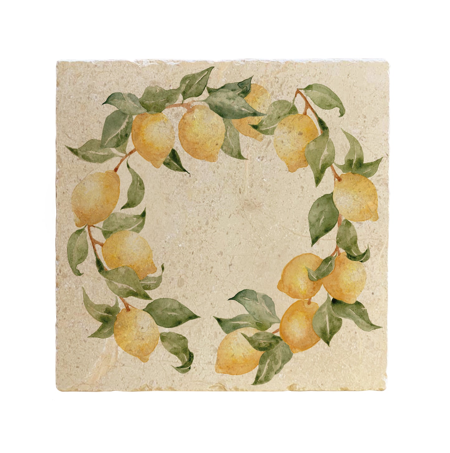 A large square marble placemat, featuring a watercolour lemon wreath design