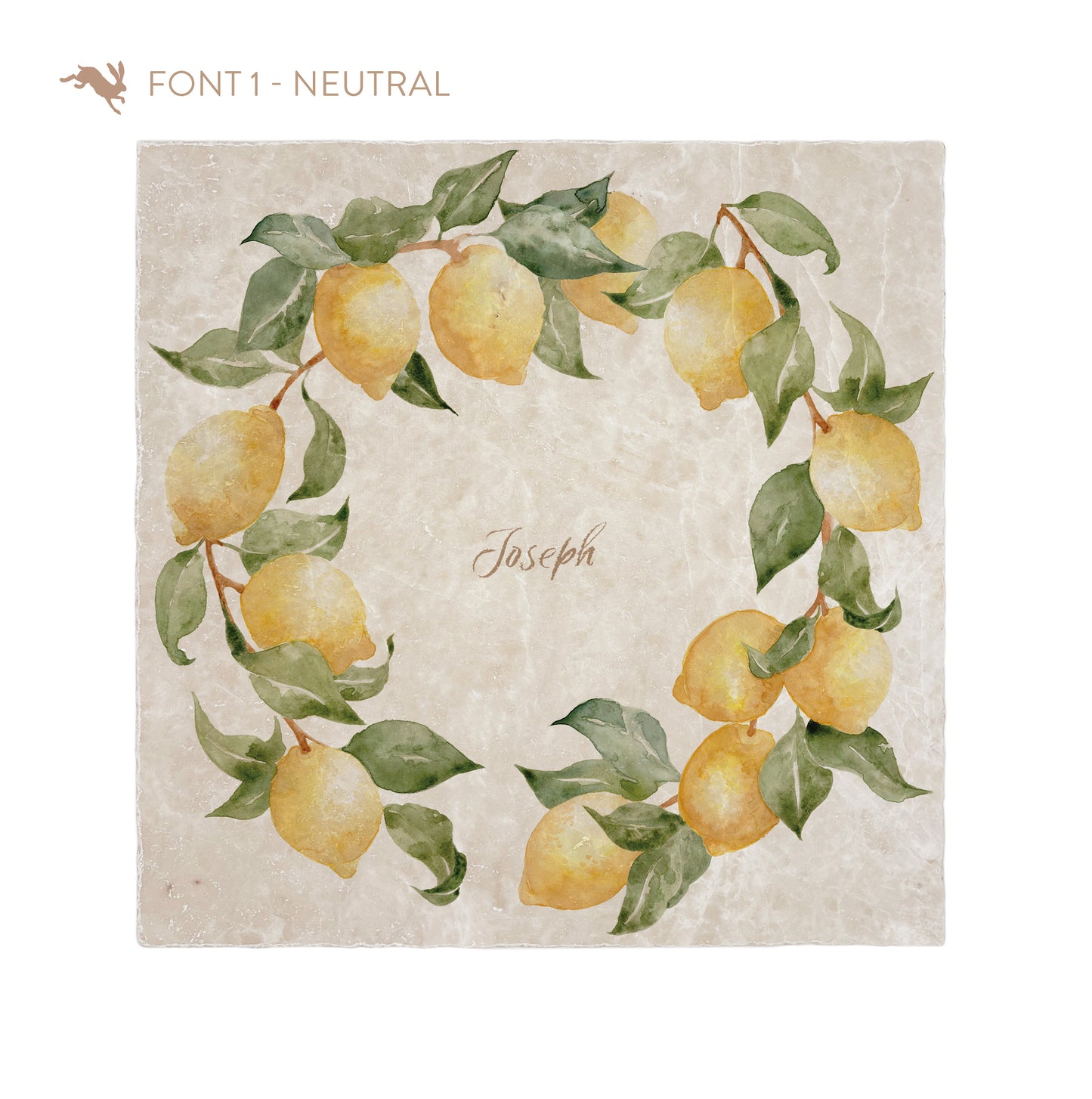 A large square personalised marble placemat with a lemon wreath design. The placemat is personalised with a name in a neutral colour brush script font.