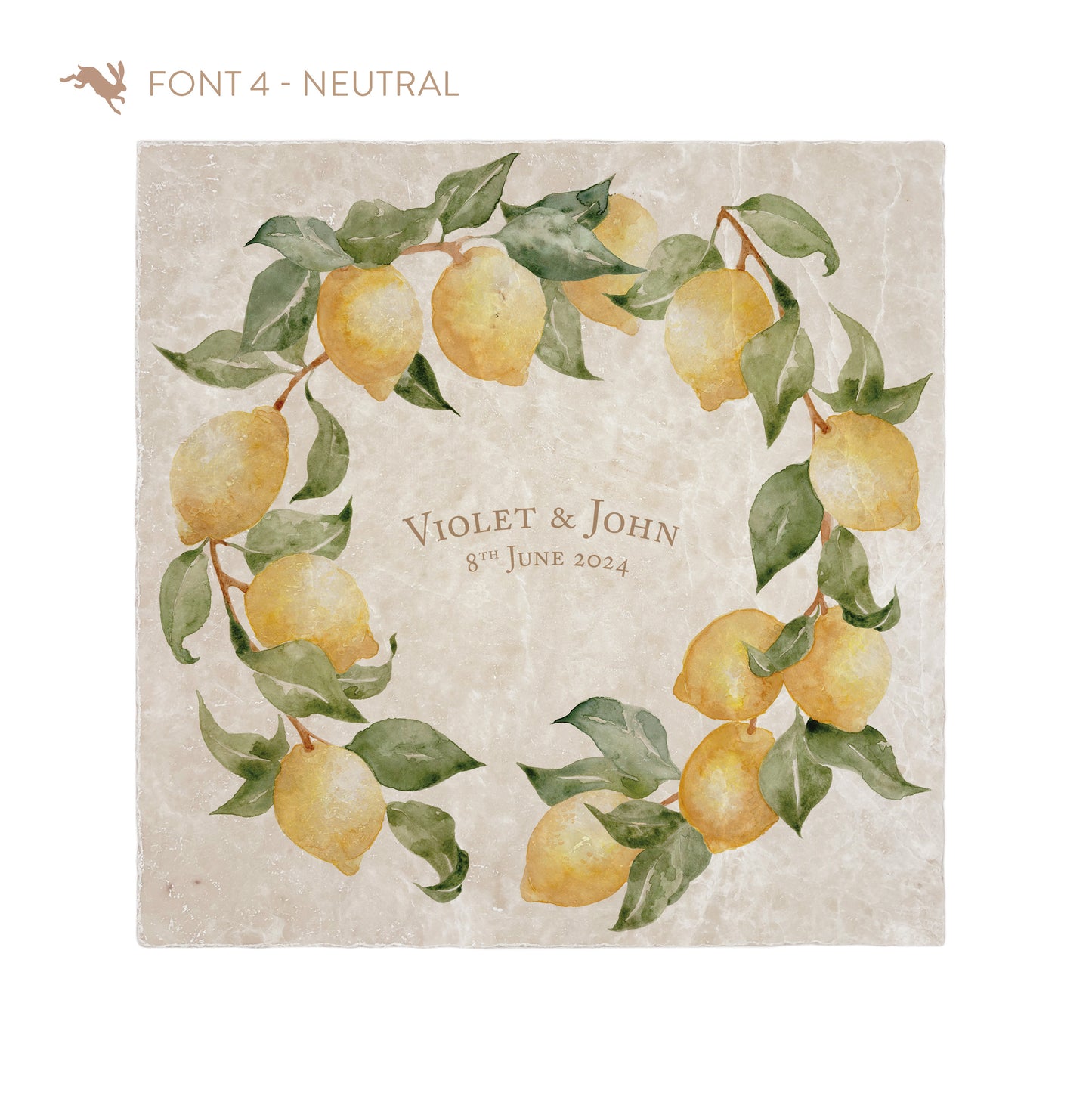 A large square personalised marble placemat with a lemon wreath design. The placemat is personalised with a couple's names and wedding date in a neutral colour classic serif font.