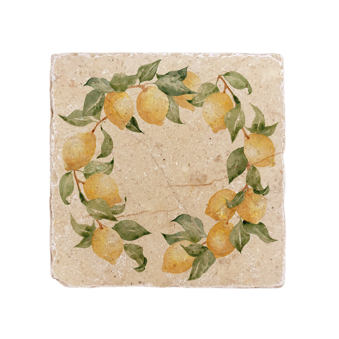 A 20x20cm cream marble tile with a watercolour design featuring a wreath of lemons.
