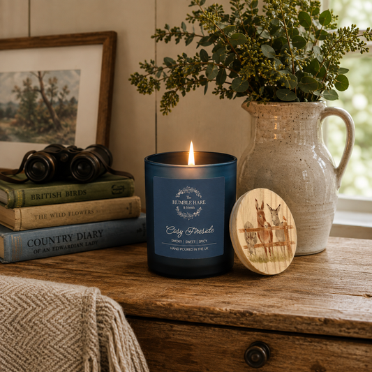 A lit navy blue candle jar in the Humble Hare's Cosy Fireside sweet vanilla and smoky tobacco leaf scent sits on a rustic wooden table beside a watercolour illustrated round wooden lid, with books, binoculars, a ceramic pitcher of greenery, and a cosy blanket in a warm indoor setting.
