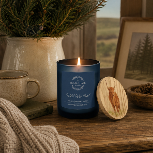 A blue glass candle jar with a lit flame sits on a wooden table beside a round wooden lid featuring a watercolour highland cow. The scene includes a mug, a vase with evergreen branches, and a framed picture in a cosy indoor setting.